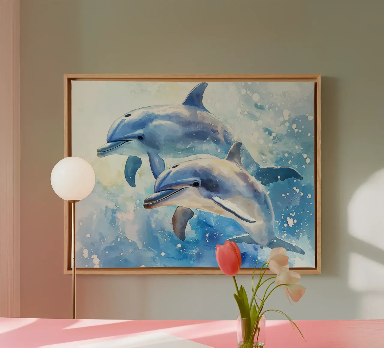 Tier-Totem Delphin Leinwand mit Schattenfugenrahmen von Théïa's Fantasia World