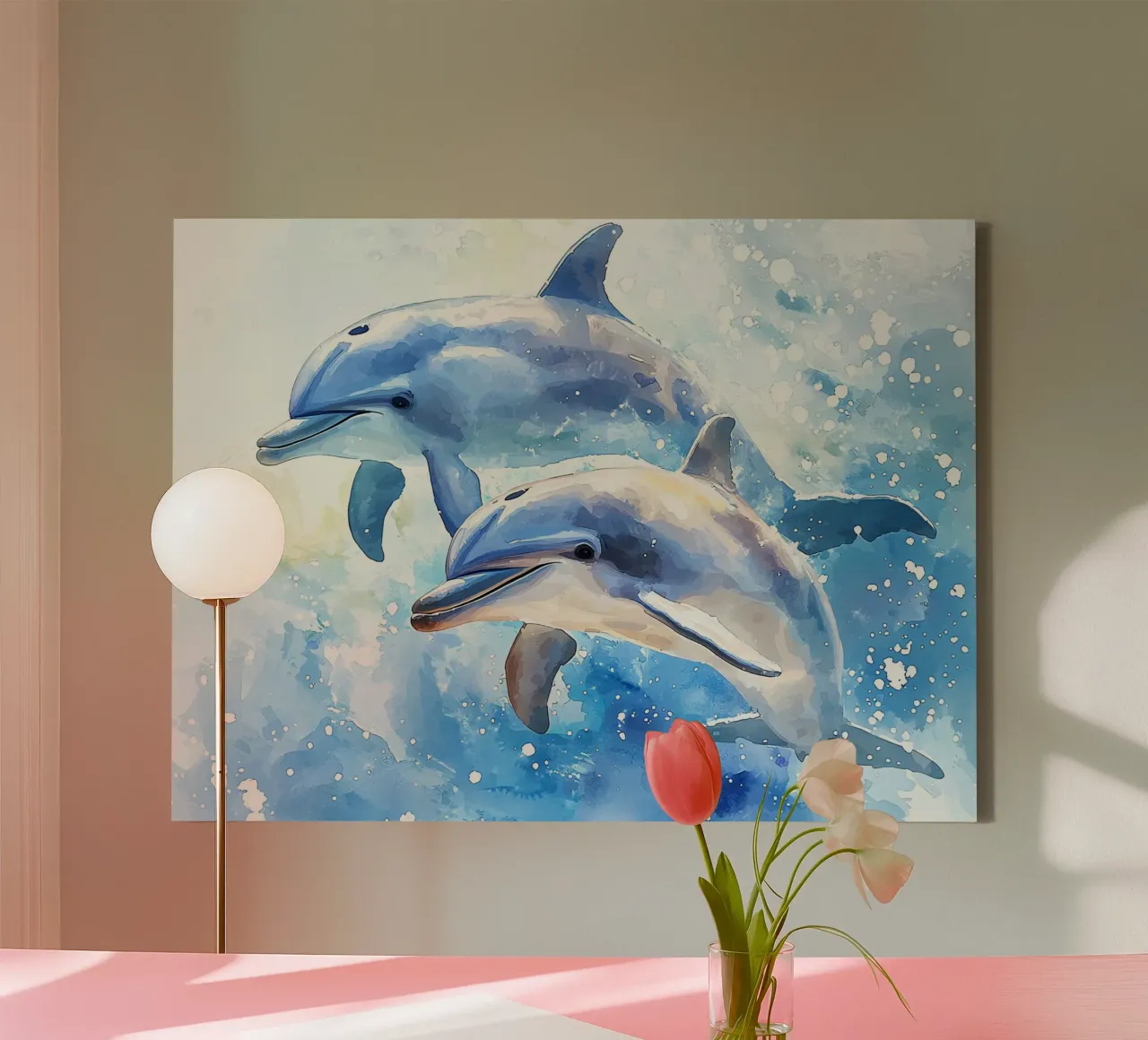 Tier-Totem Delphin Leinwand mit Schattenfugenrahmen von Théïa's Fantasia World