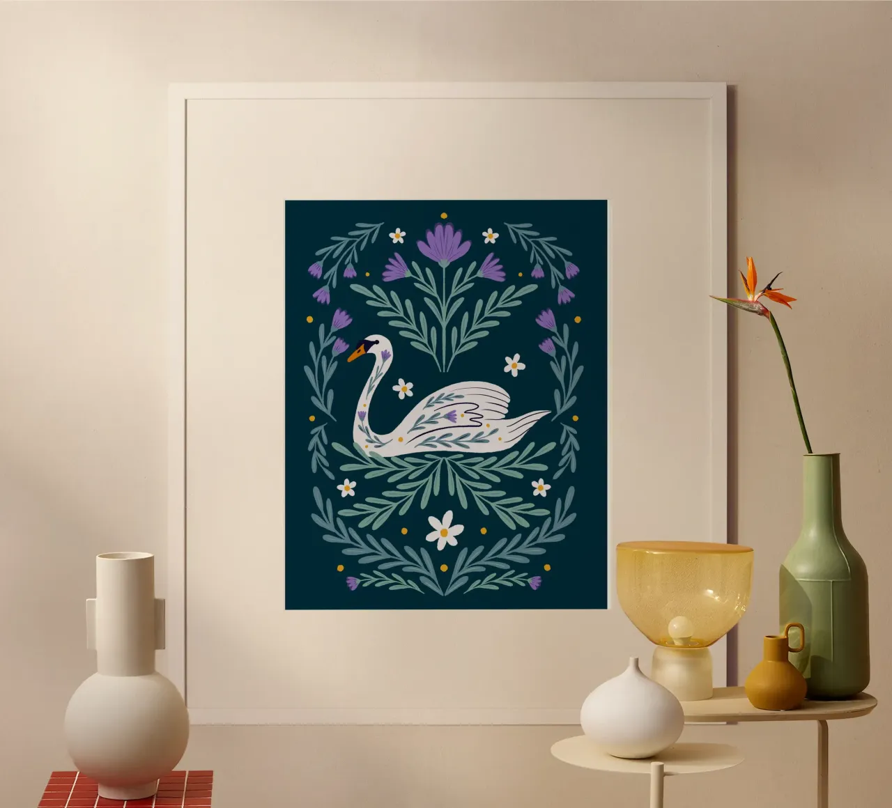 Cigno - viola e verde acqua poster con telaio in plastica da Wackapacka