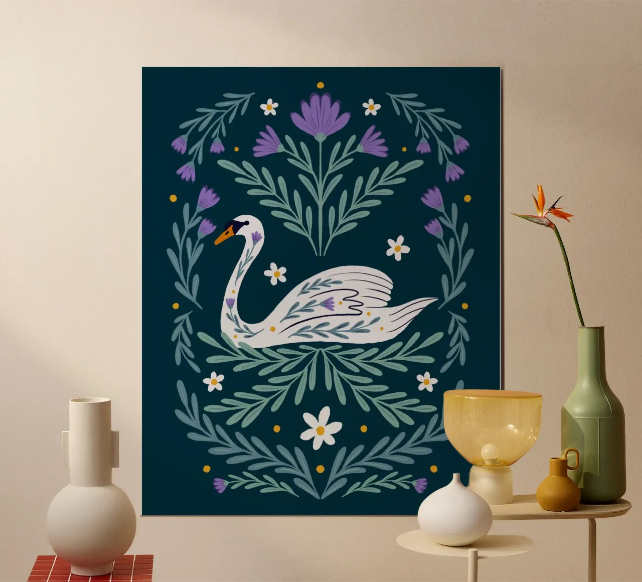 Cigno - viola e verde acqua poster con telaio in plastica da Wackapacka