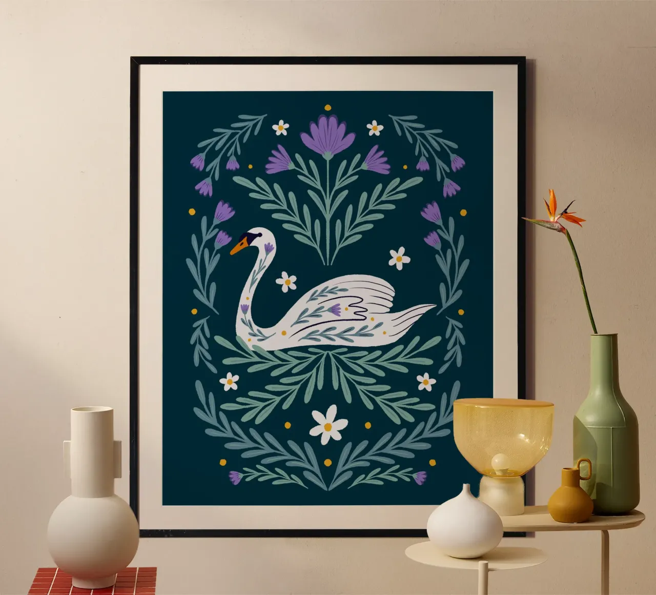 Cigno - viola e verde acqua poster con telaio in plastica da Wackapacka