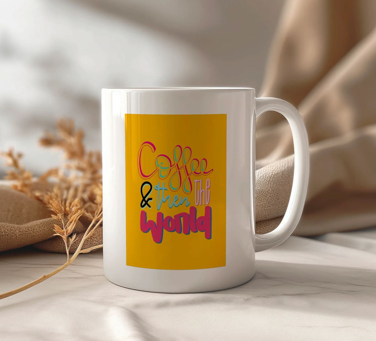 Coffee & then the world - yellow keramische mok van LIMITED EDITION LETTERS