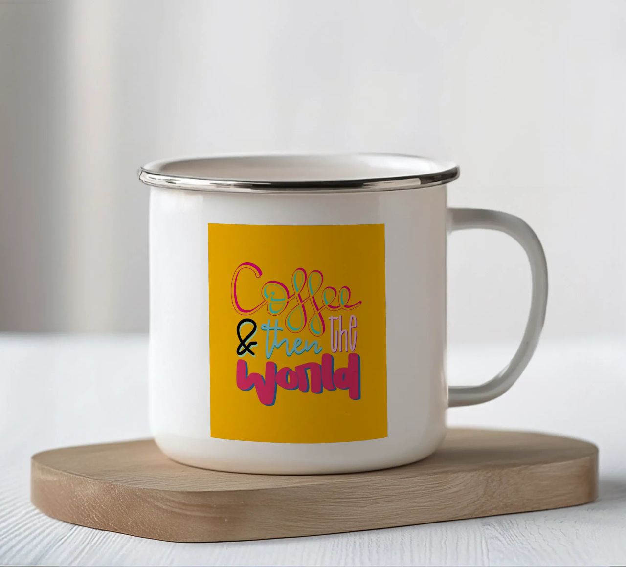 Coffee & then the world - yellow emaille mok van LIMITED EDITION LETTERS