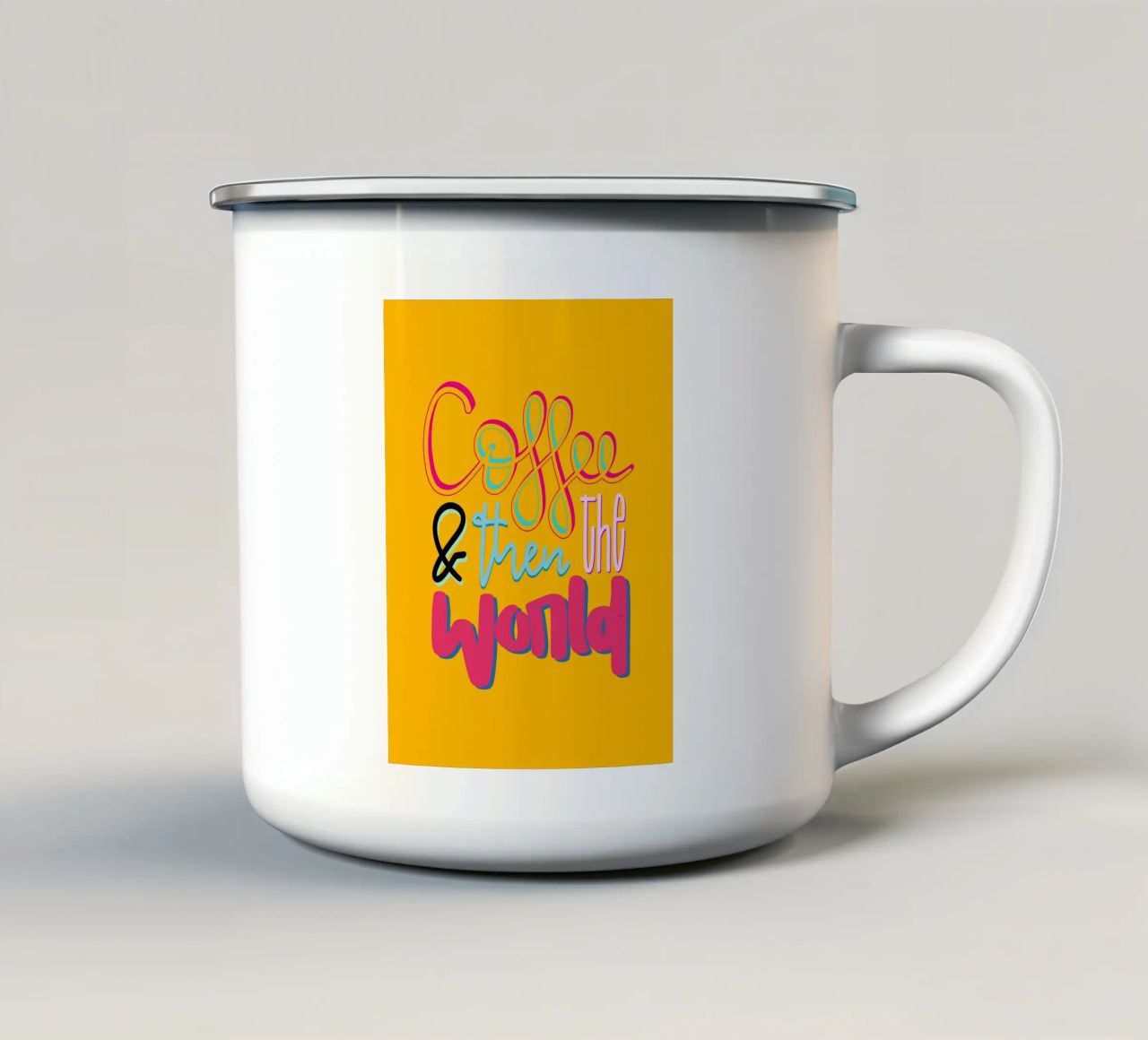 Coffee & then the world - yellow emaille mok van LIMITED EDITION LETTERS