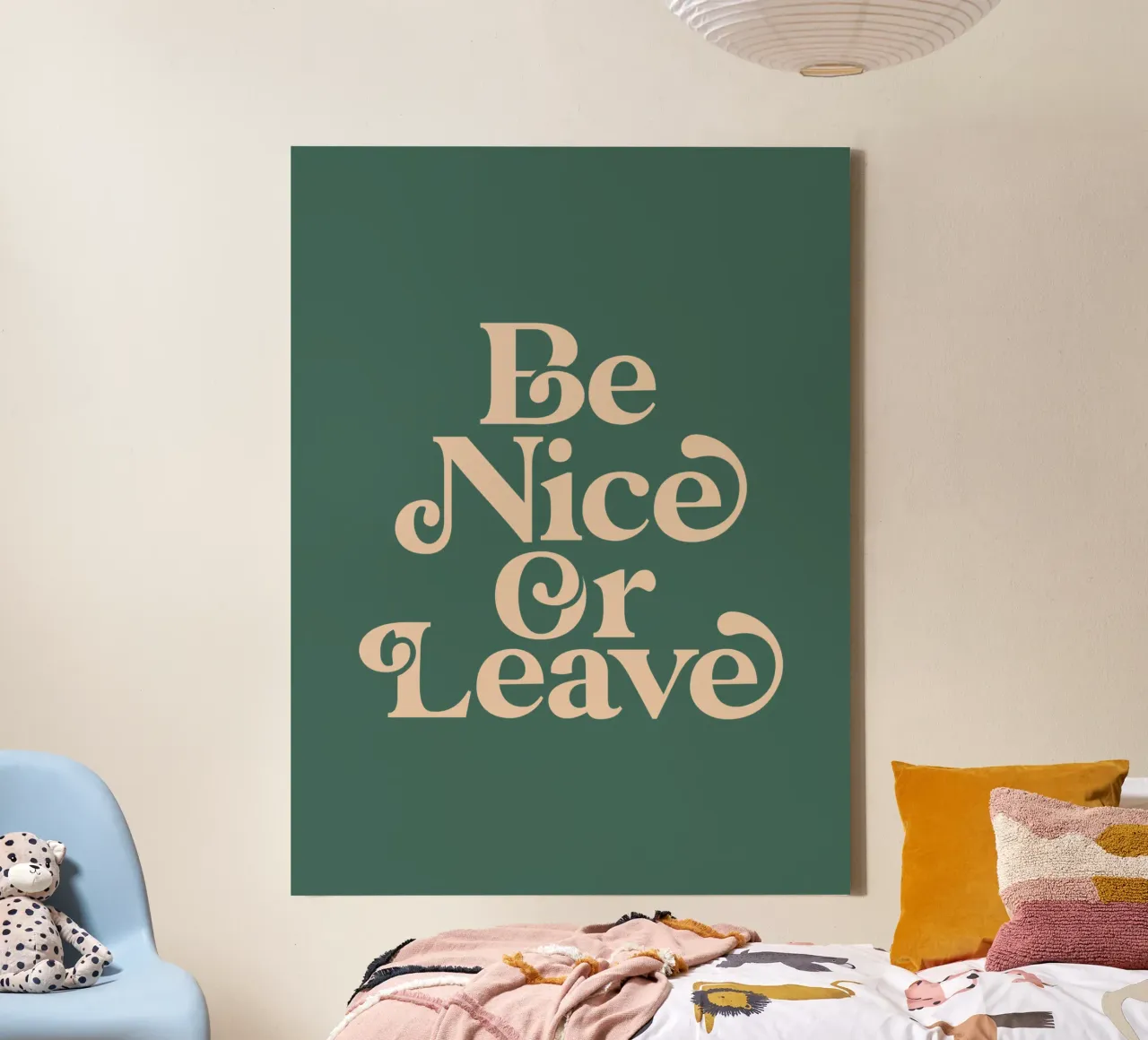Be Nice or Leave Whimsical Typography Print on Green canvas with Floater frame by THE MOTIVATED TYPE