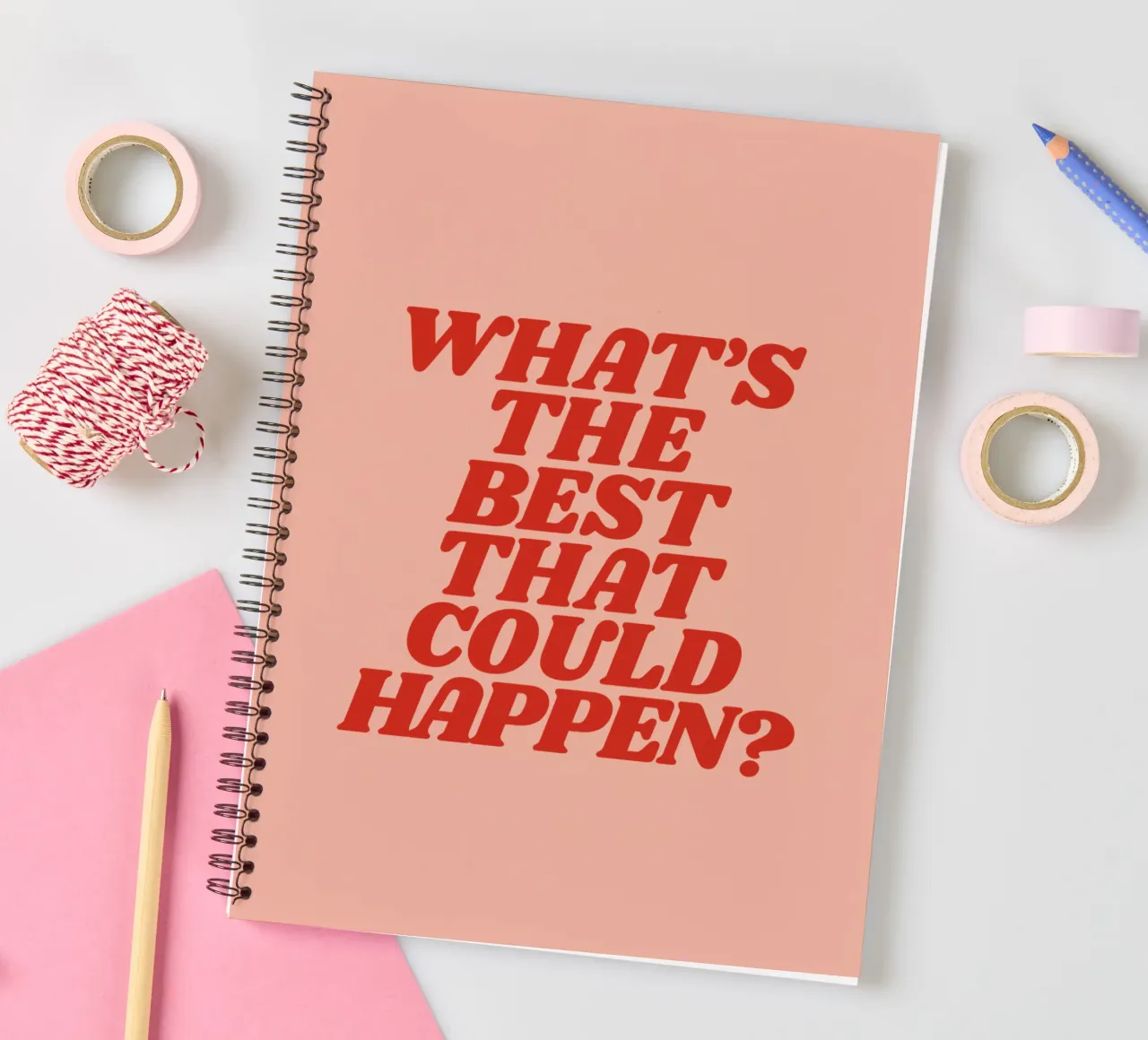 What's The Best That Could Happen Optimistic Typography spiral notebook by THE MOTIVATED TYPE