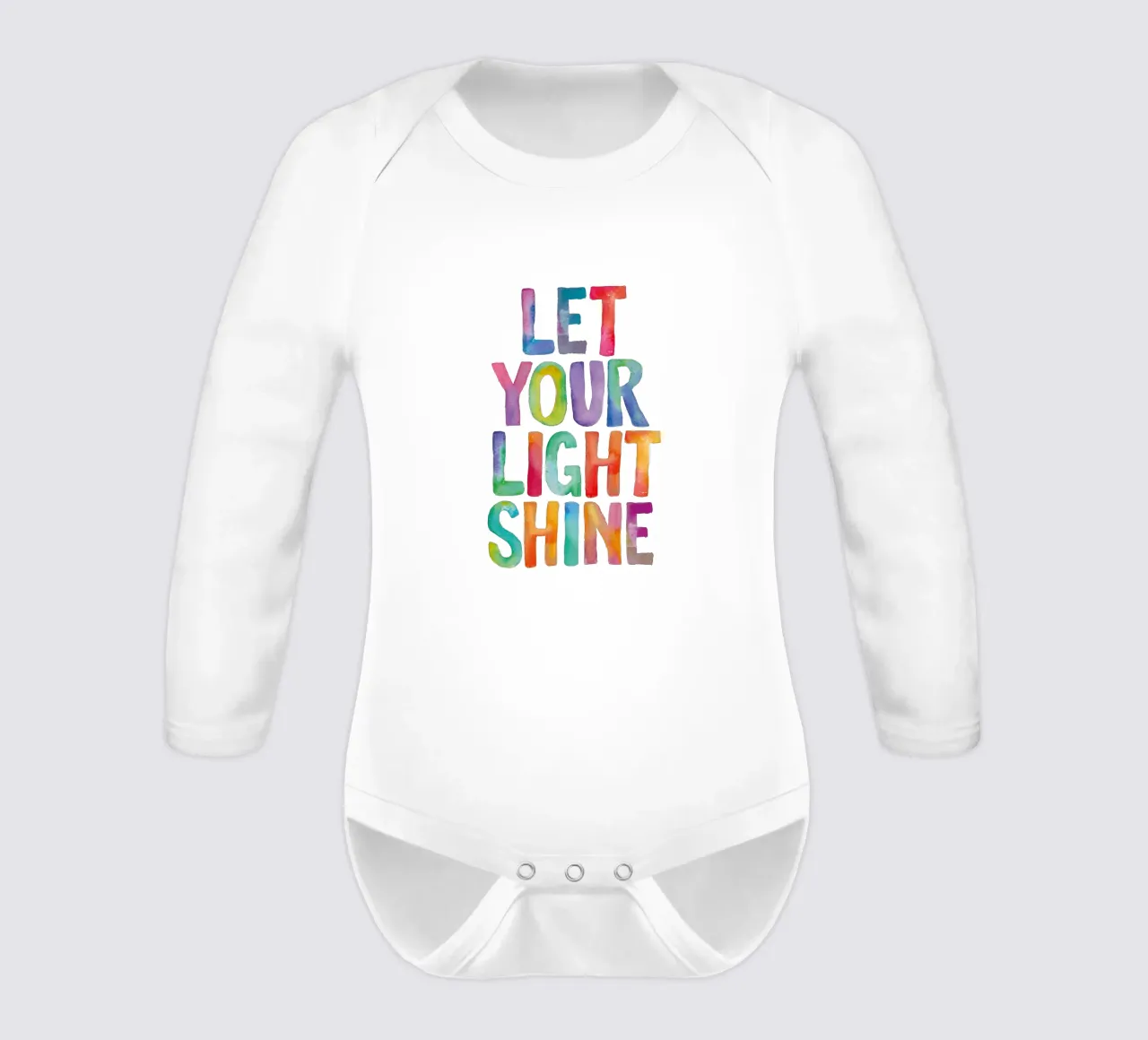 Let Your Light Shine Rainbow Typography Design for Kids long-sleeve baby romper by THE MOTIVATED TYPE