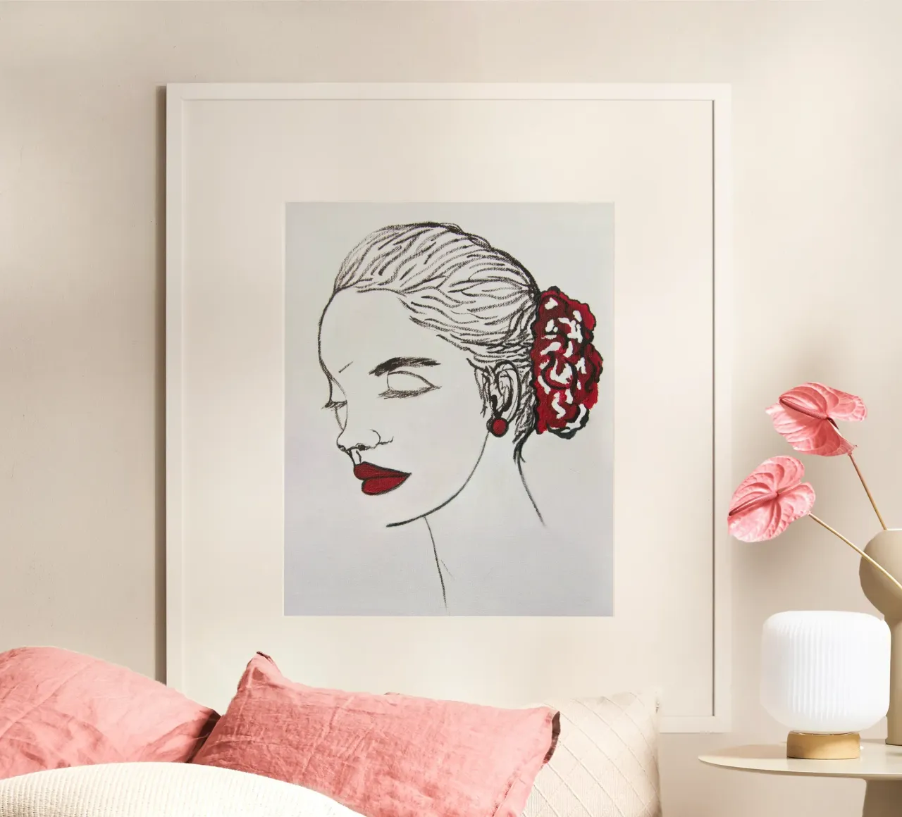 Donne e rosso poster con telaio in legno da Teresa André