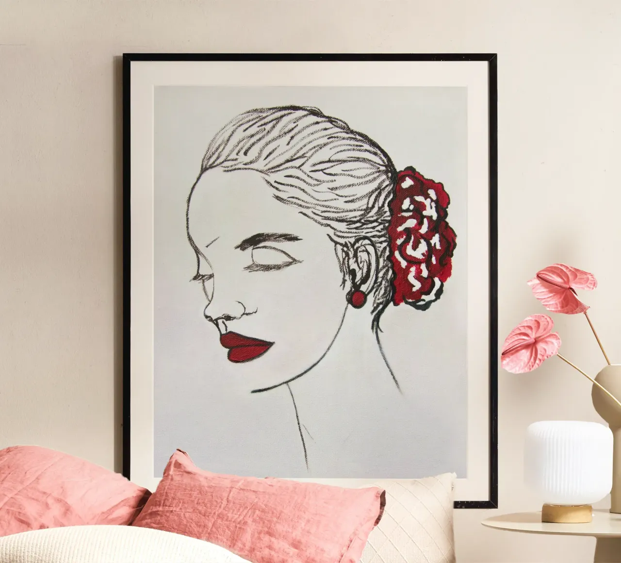 Donne e rosso poster con telaio in legno da Teresa André