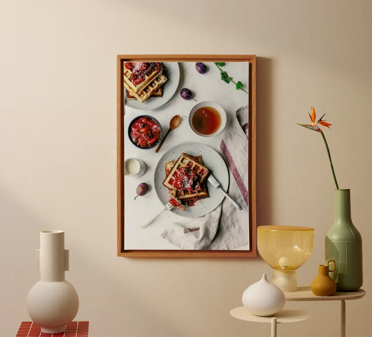 Waffeln mit Pflaumenkompott canvas with Floater frame by Eat this