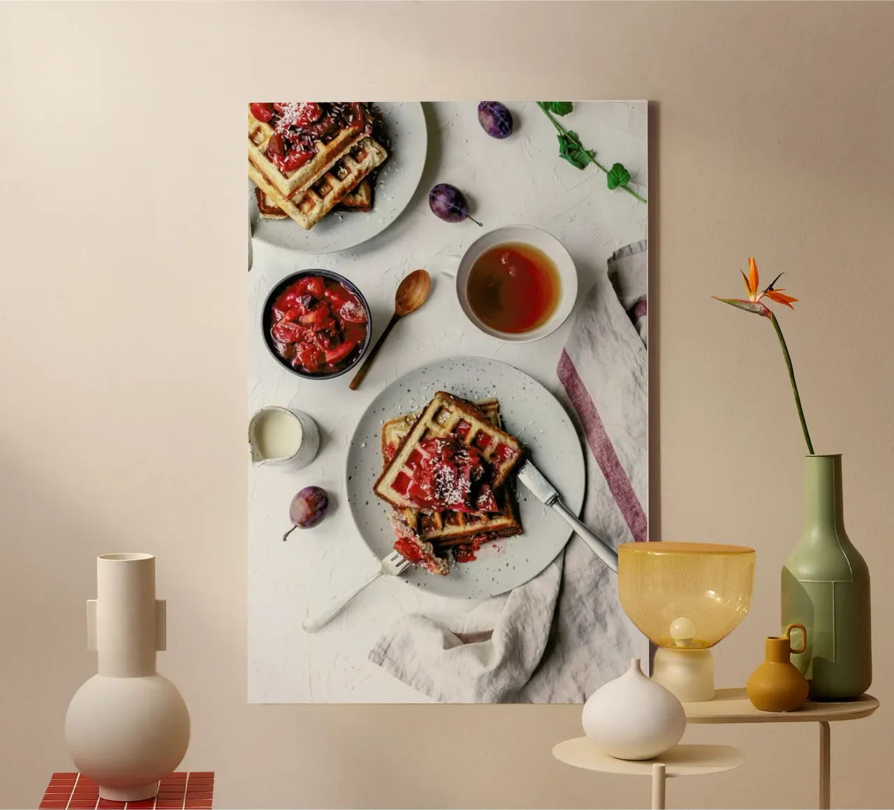 Waffeln mit Pflaumenkompott canvas with Floater frame by Eat this