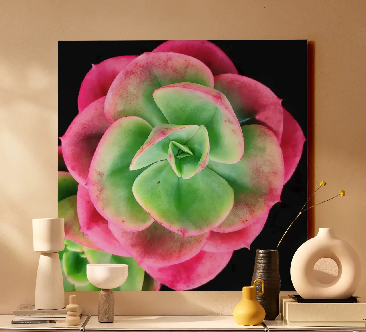 Pink and green succulent canvas by Teresa André