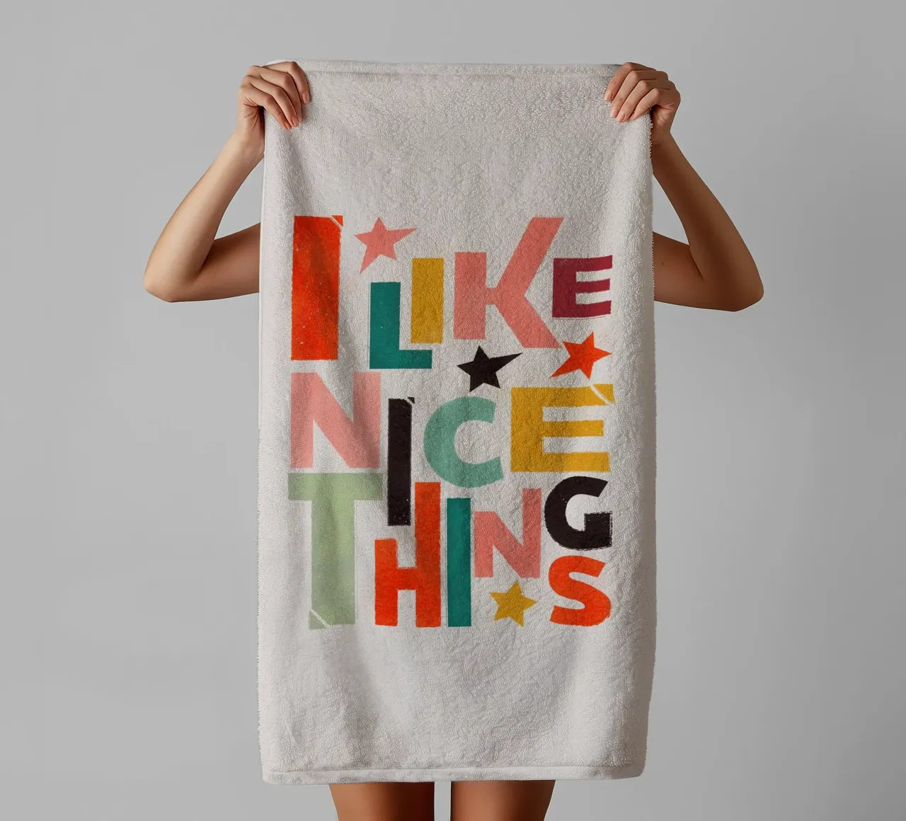 Retro "I Like Nice Things" Typografie Kunstdruk badhanddoek van showmemars