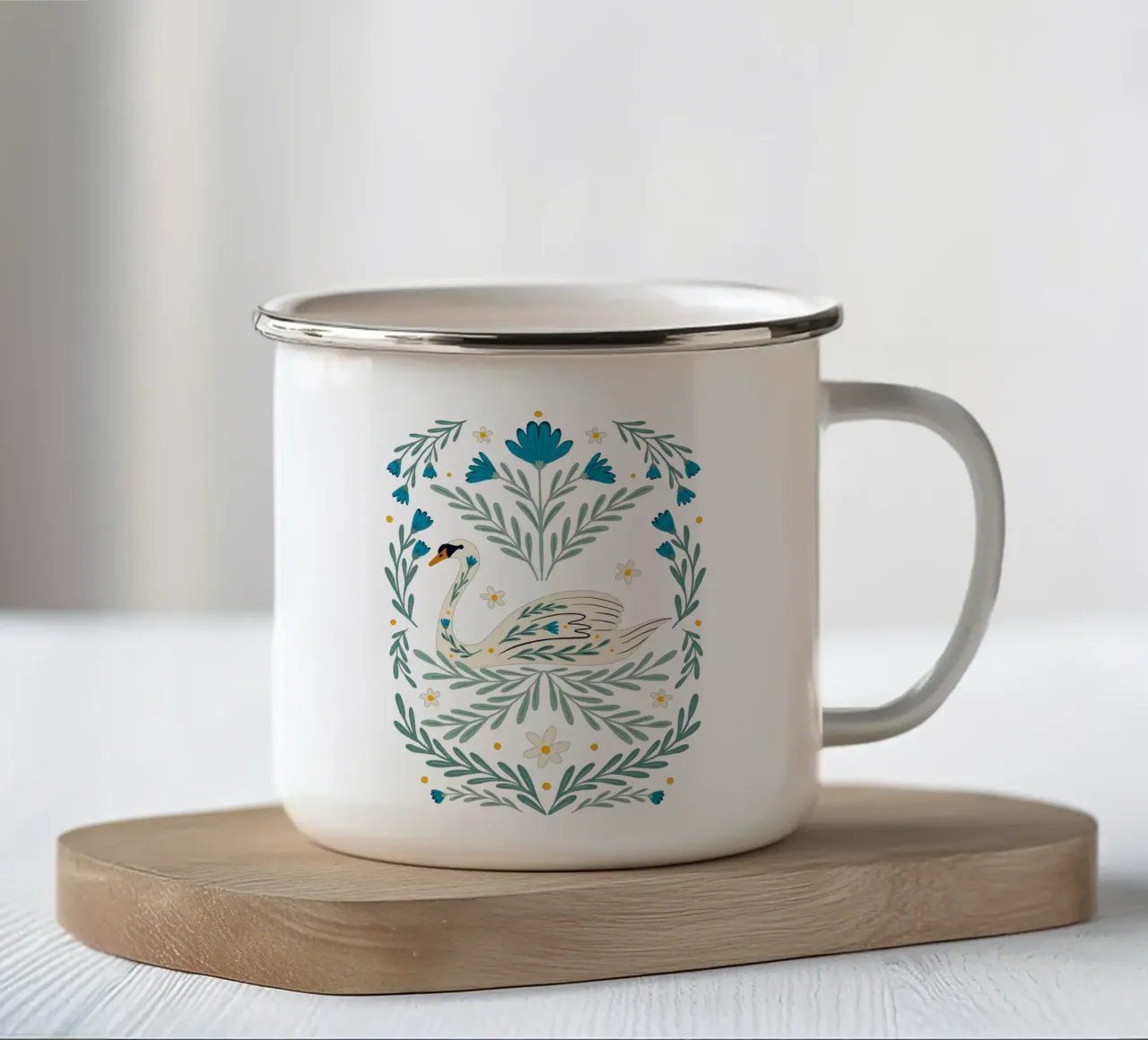 Cigno Folk Art - blu e verde acqua tazza in smalto da Wackapacka