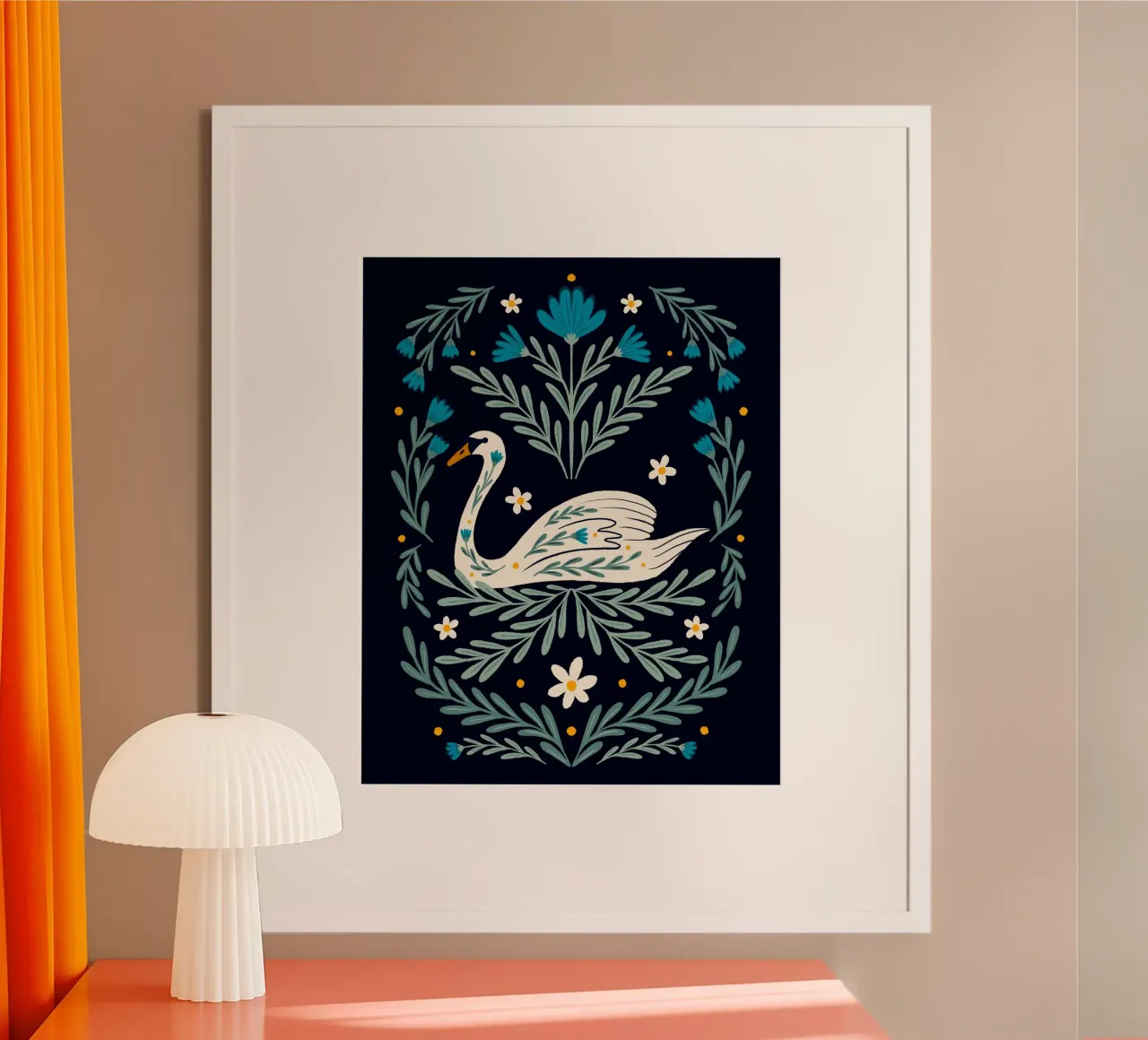 Cigno Folk Art - blu e verde acqua poster con telaio in plastica da Wackapacka