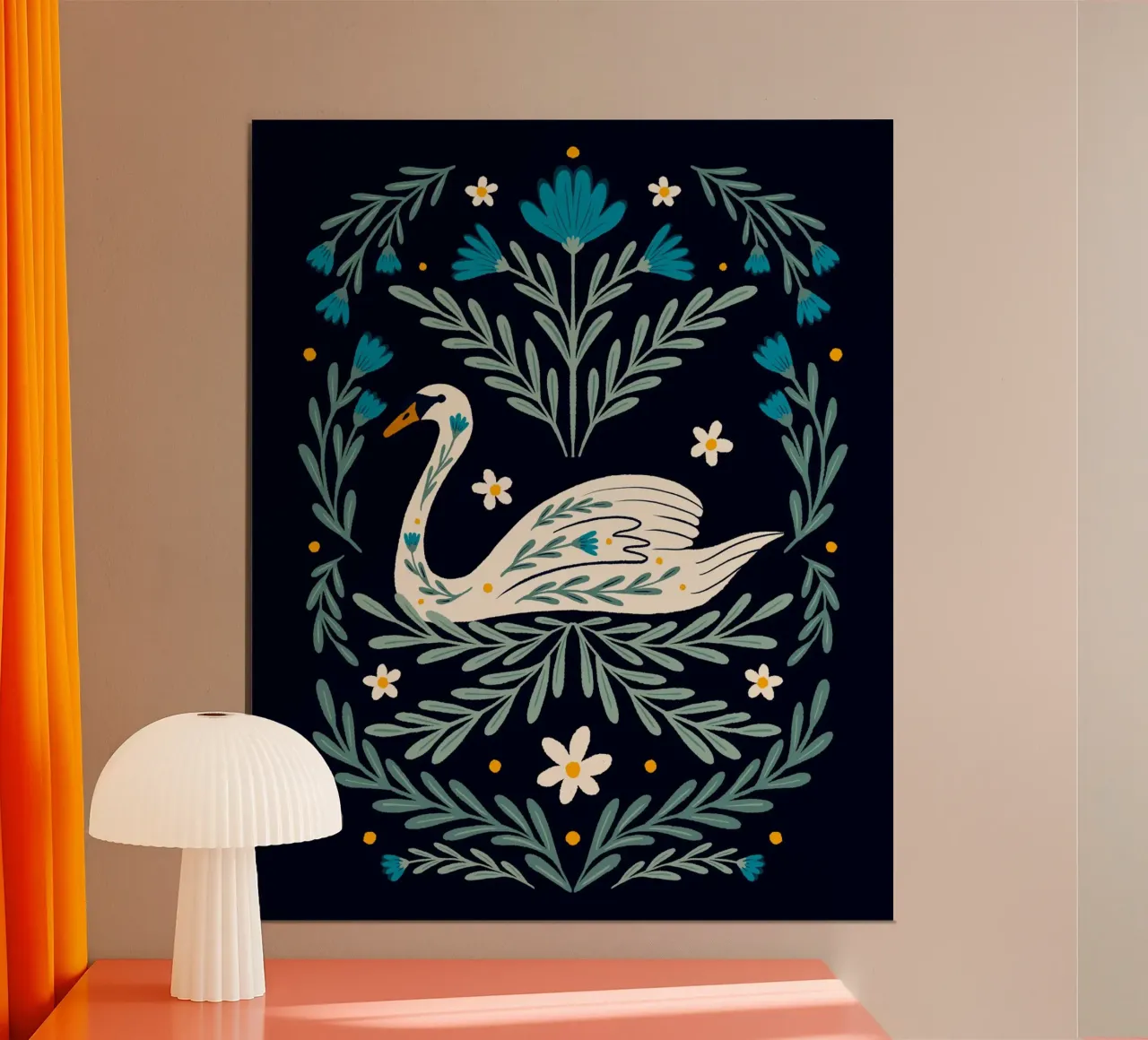 Cigno Folk Art - blu e verde acqua poster con telaio in plastica da Wackapacka