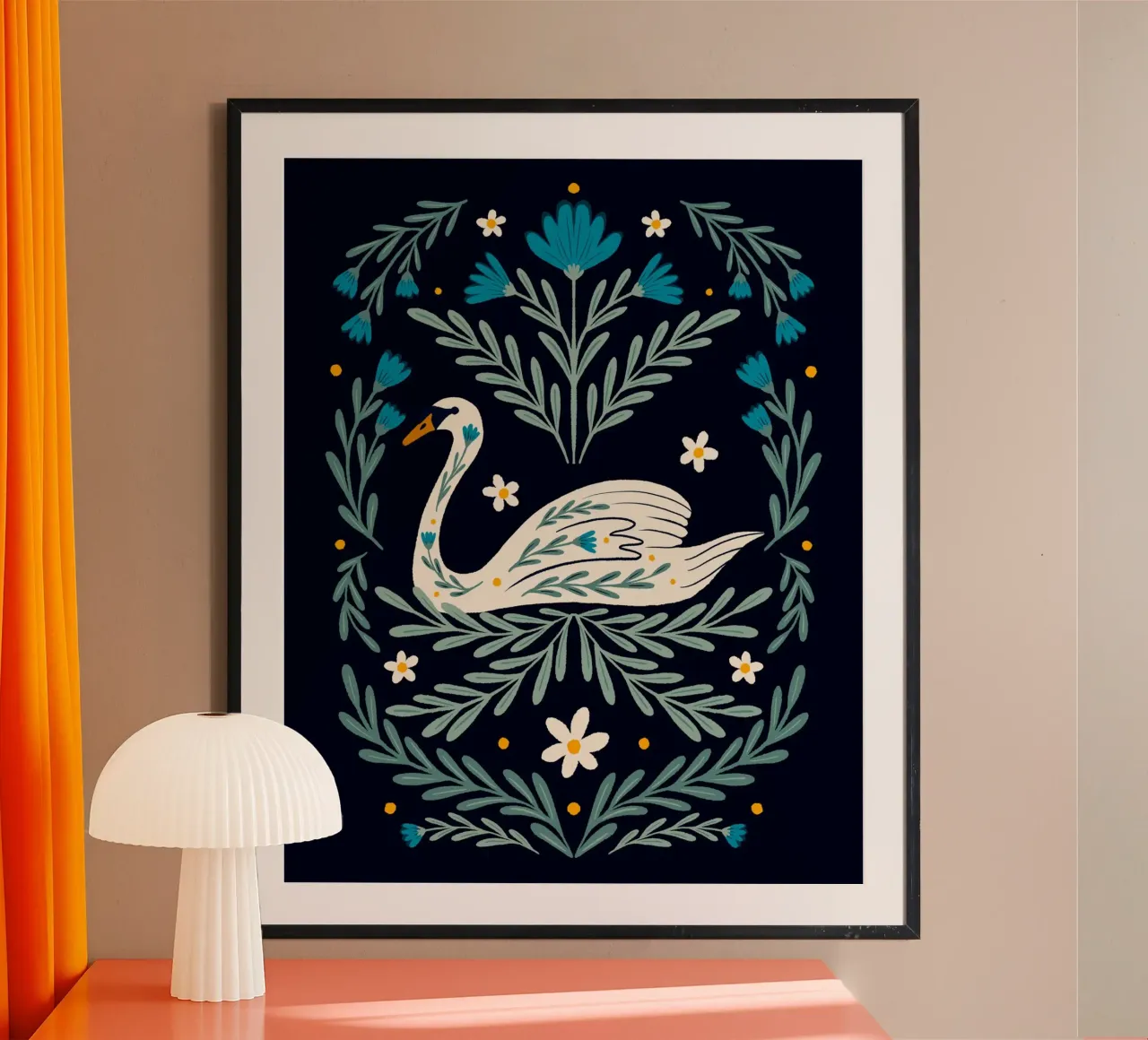 Cigno Folk Art - blu e verde acqua poster con telaio in plastica da Wackapacka