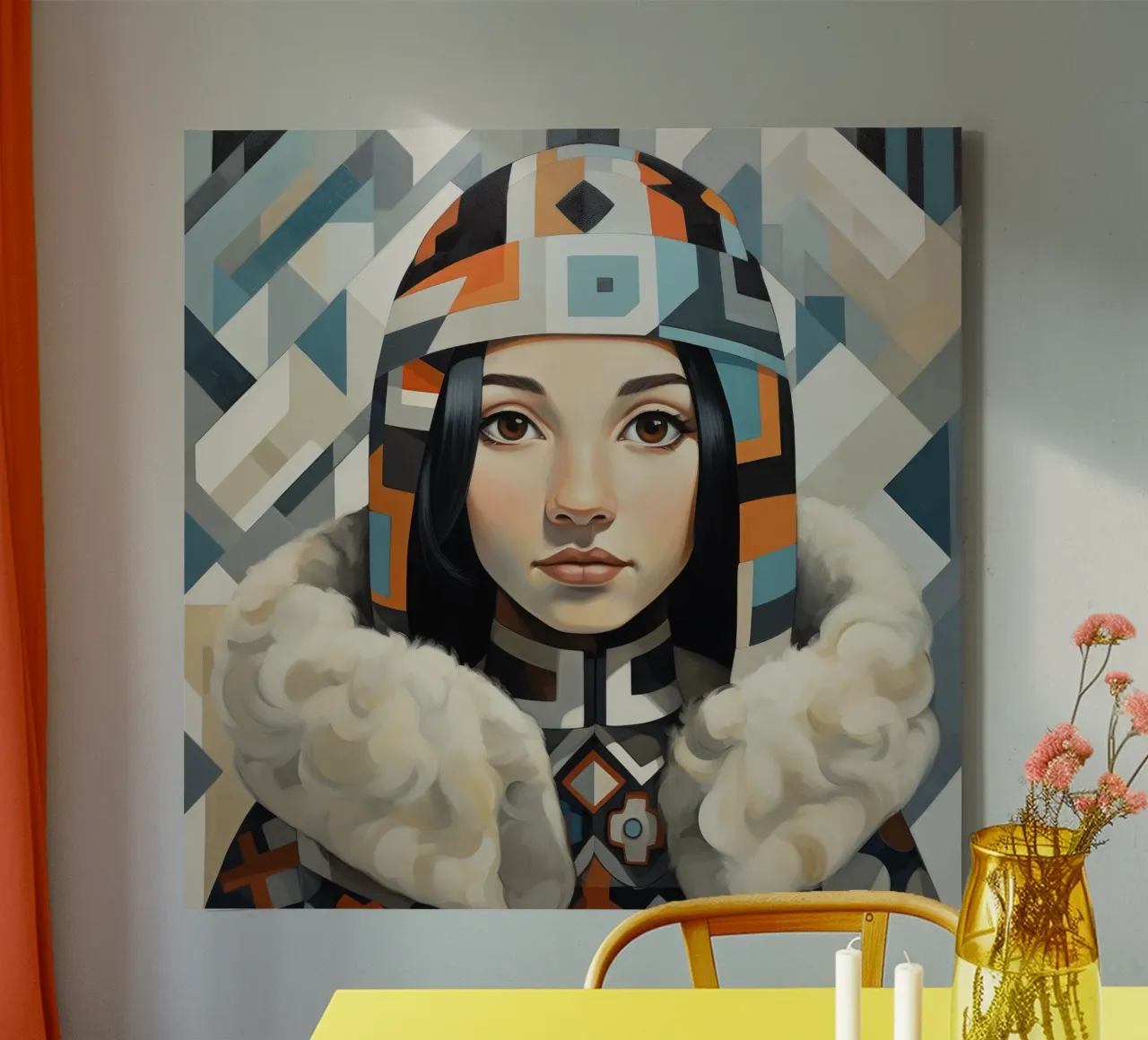 Kubisme Inuit vrouw canvas met Baklijst van Artful Muse