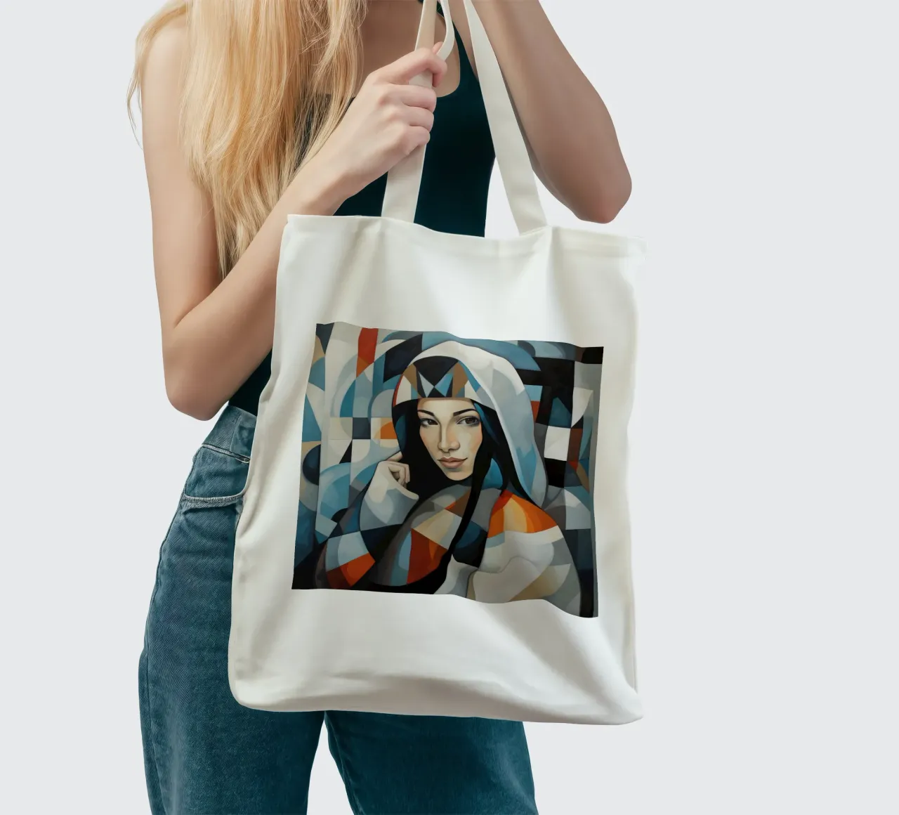 Kubisme Inuit vrouw jute draagtas van Artful Muse