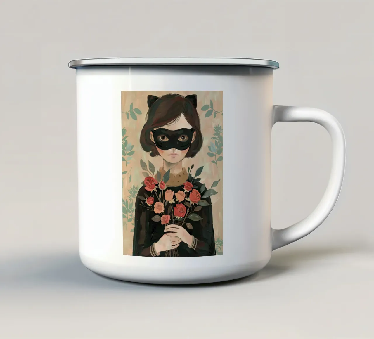 Ragazza con rose rosse tazza in smalto da DaarbyN