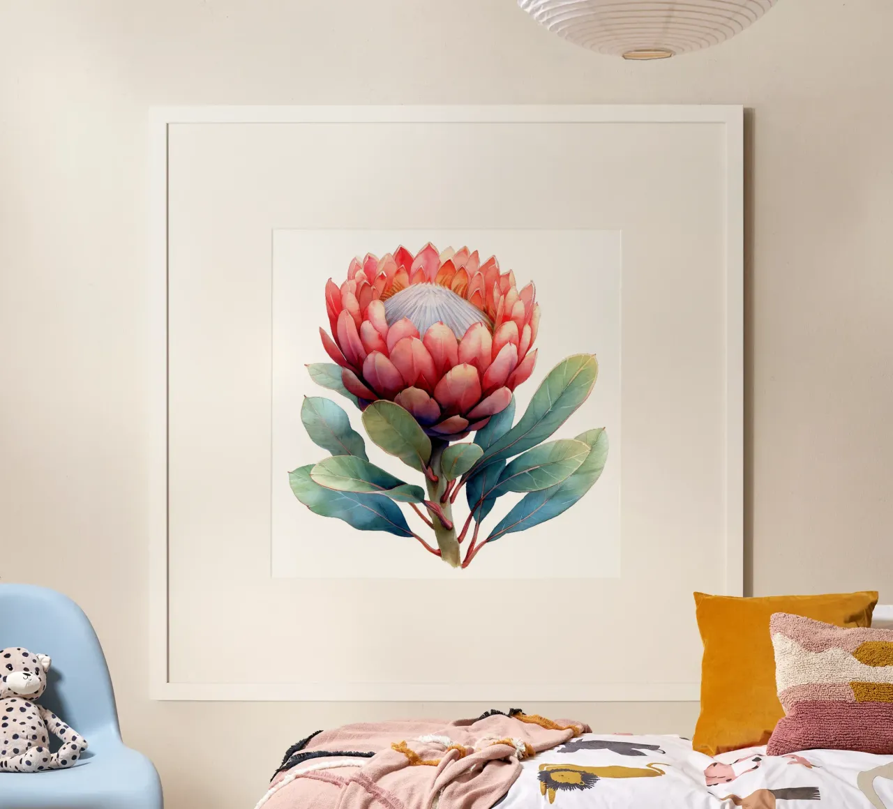 Fiore di protea poster con telaio in legno da Bold Blooms