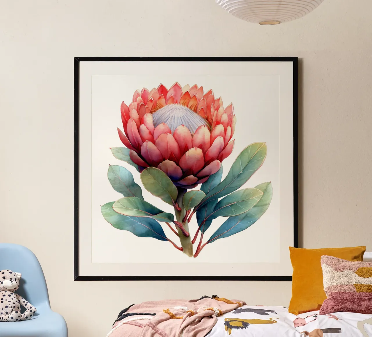 Fiore di protea poster con telaio in legno da Bold Blooms
