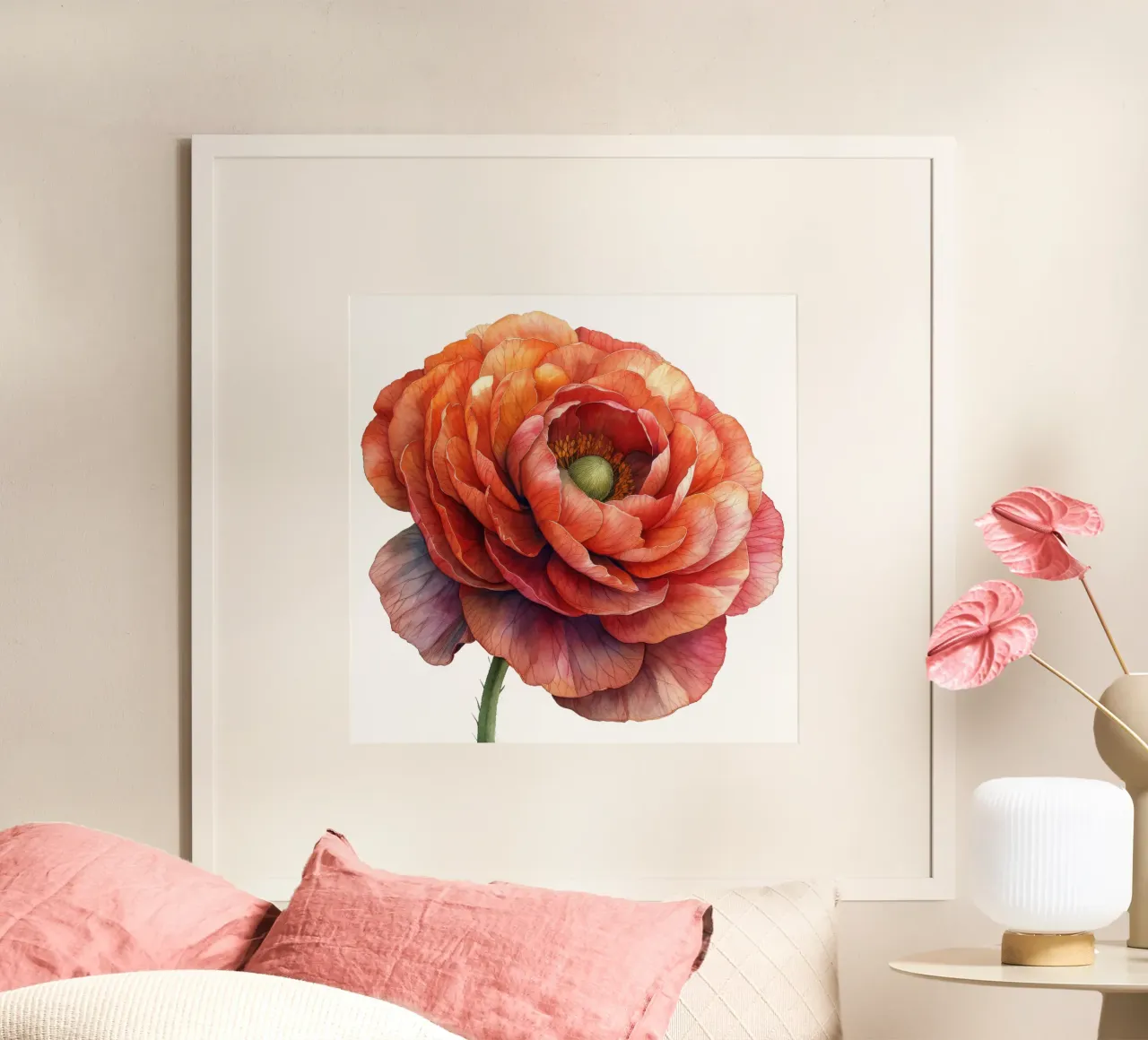 Fiore di ranuncolo poster con telaio in legno da Bold Blooms