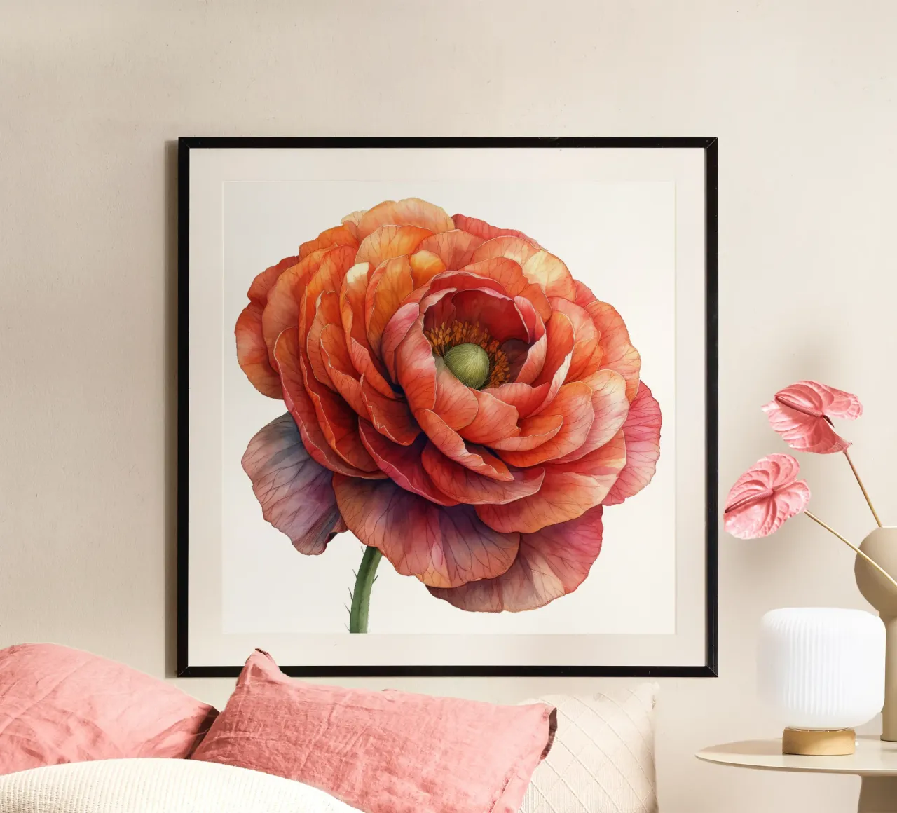 Fiore di ranuncolo poster con telaio in legno da Bold Blooms