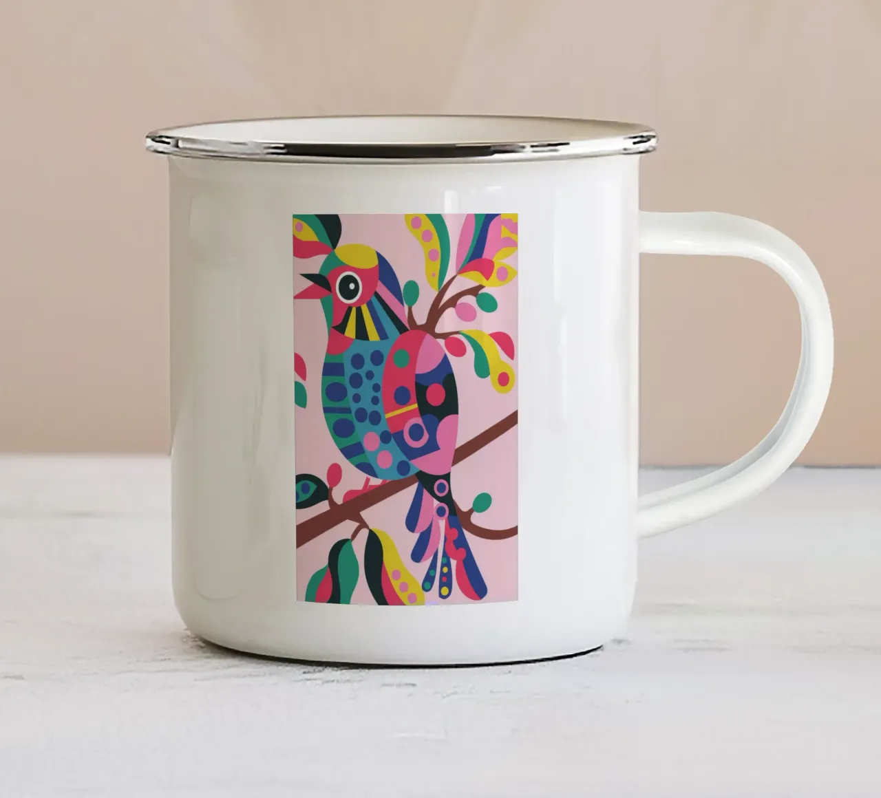Uccello vibrante tazza in smalto da Seren Liodra
