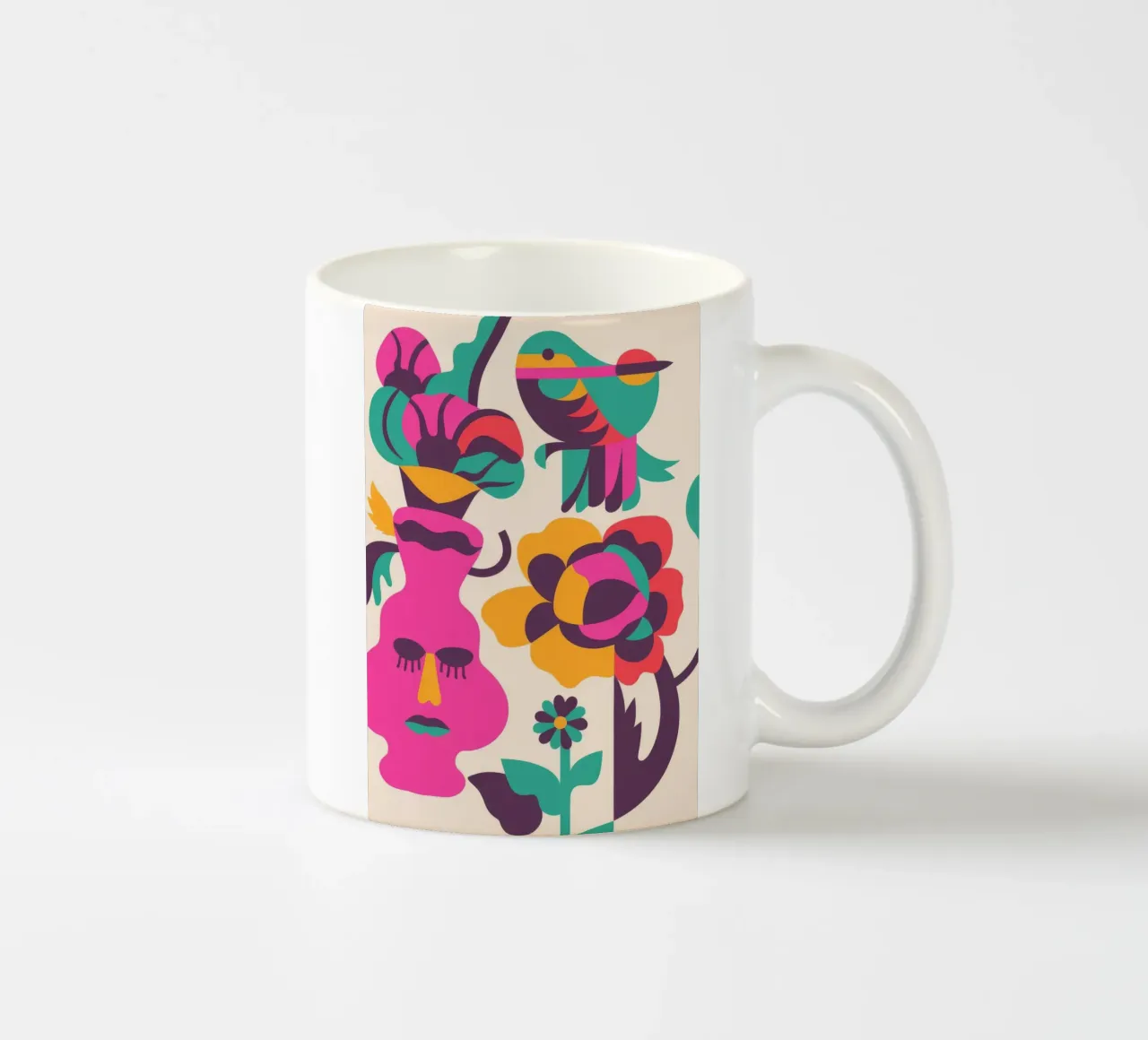 Volti e uccelli tazza in ceramica da Seren Liodra