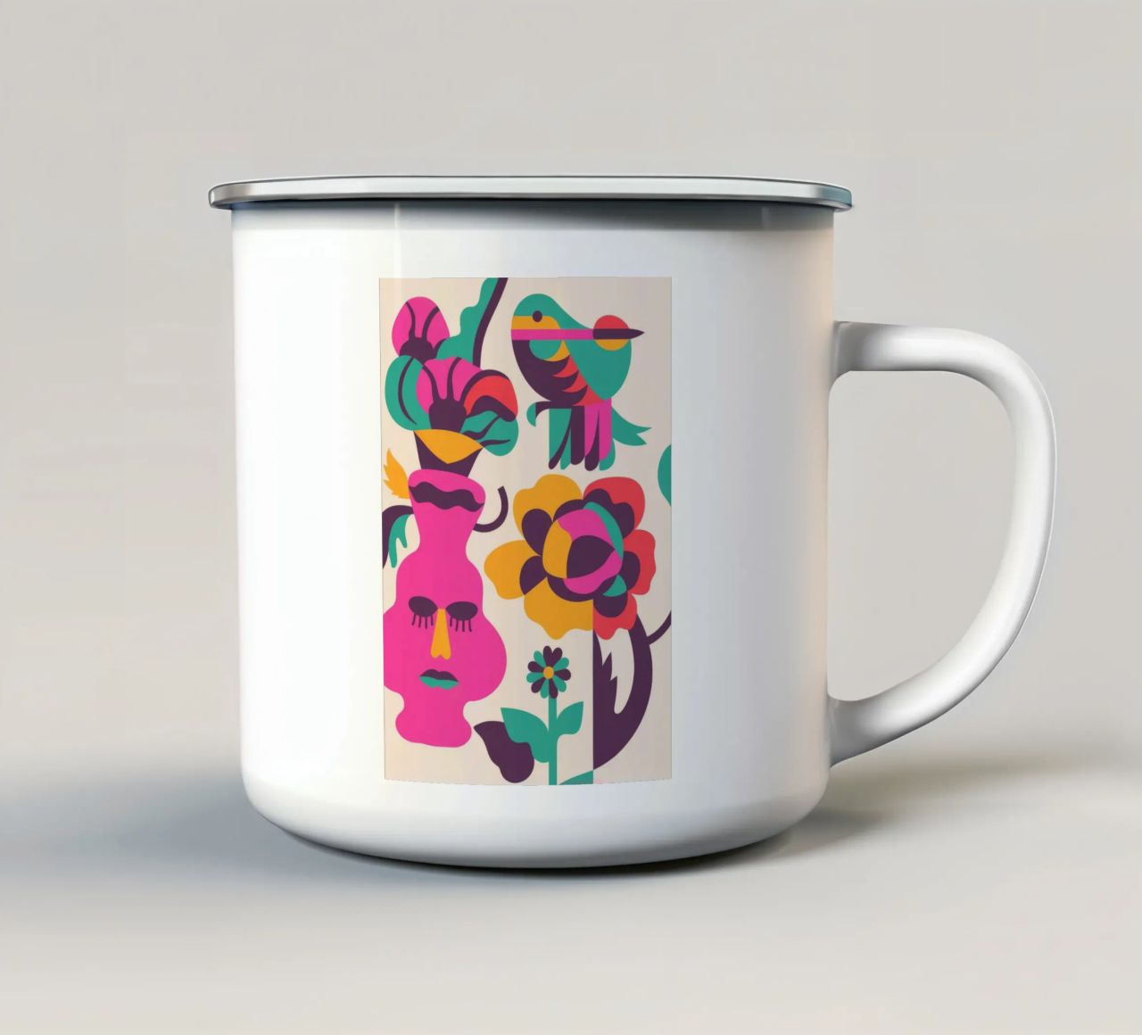 Volti e uccelli tazza in smalto da Seren Liodra