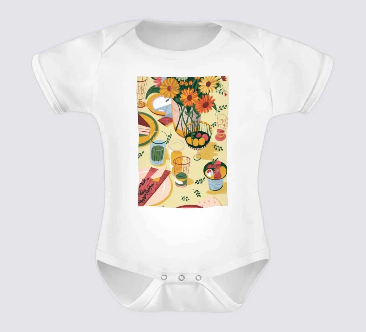 Sunflower Table Setting short-sleeve baby romper by Kamera Obskura