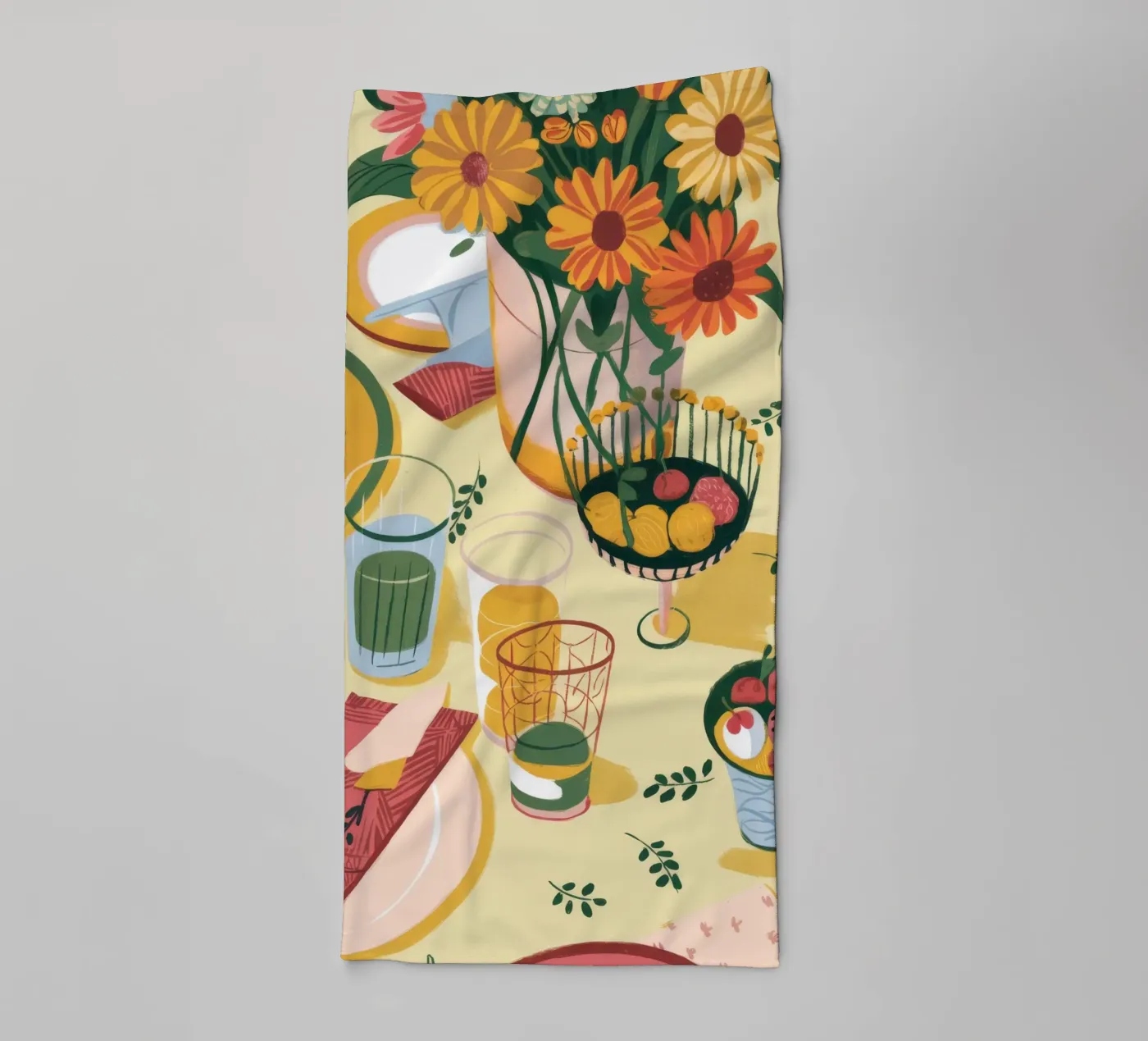 Zonnebloem tafeldecoratie badhanddoek van Kamera Obskura