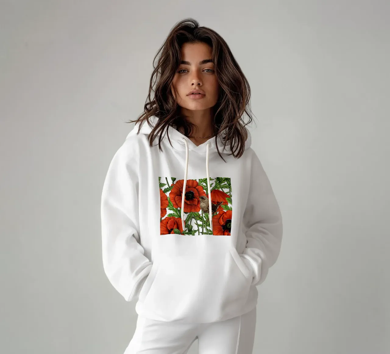 Papaveri rossi e scriccioli, foglie verdi su bianco felpa con cappuccio da Painted Nature
