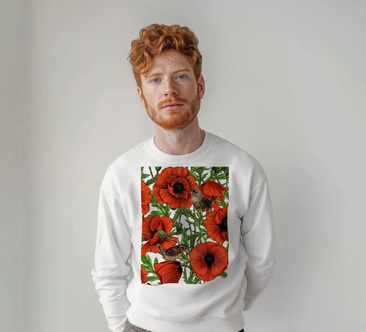 Papaveri rossi e scriccioli, foglie verdi su bianco felpa da Painted Nature