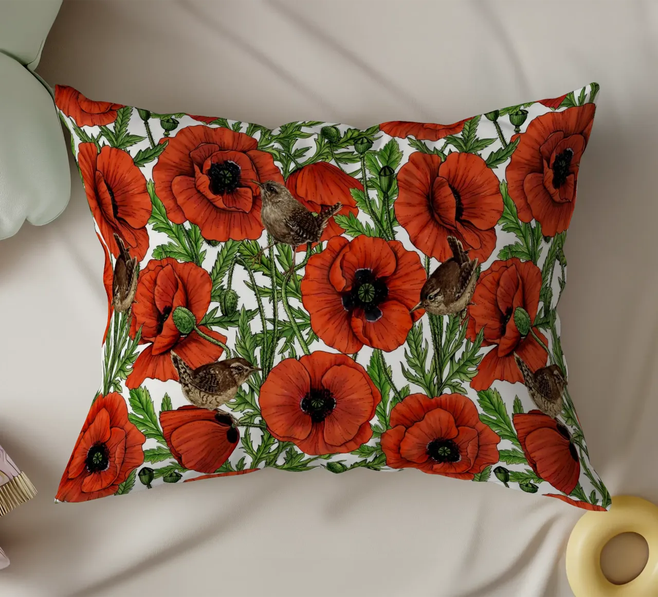 Red poppies and wrens, green leaves on white decorative cushion by Painted Nature