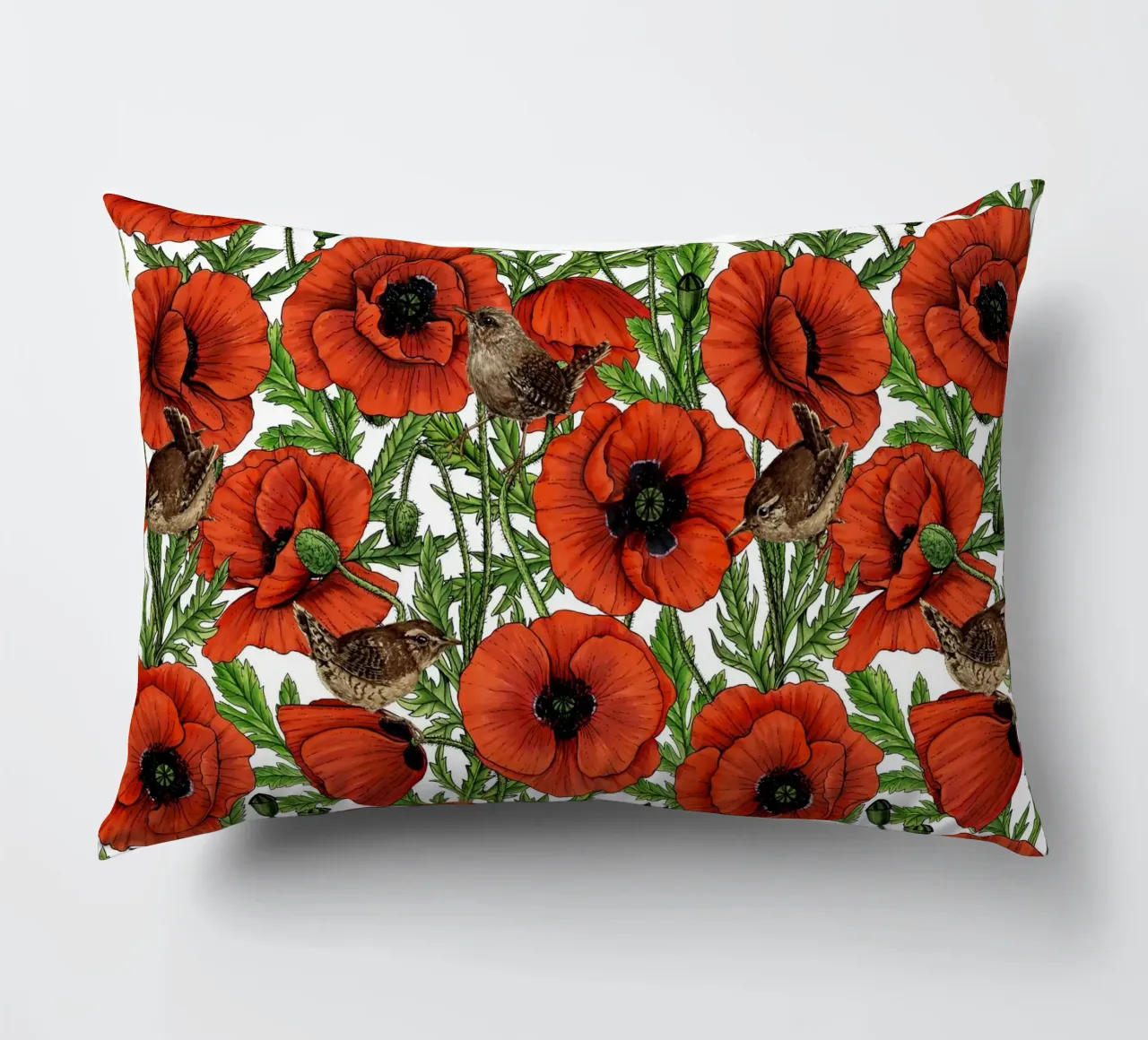Red poppies and wrens, green leaves on white decorative cushion by Painted Nature