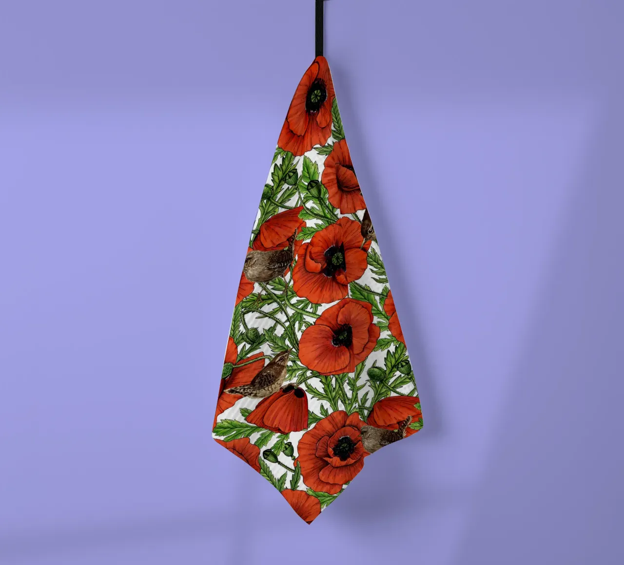 Red poppies and wrens, green leaves on white tea towel by Painted Nature