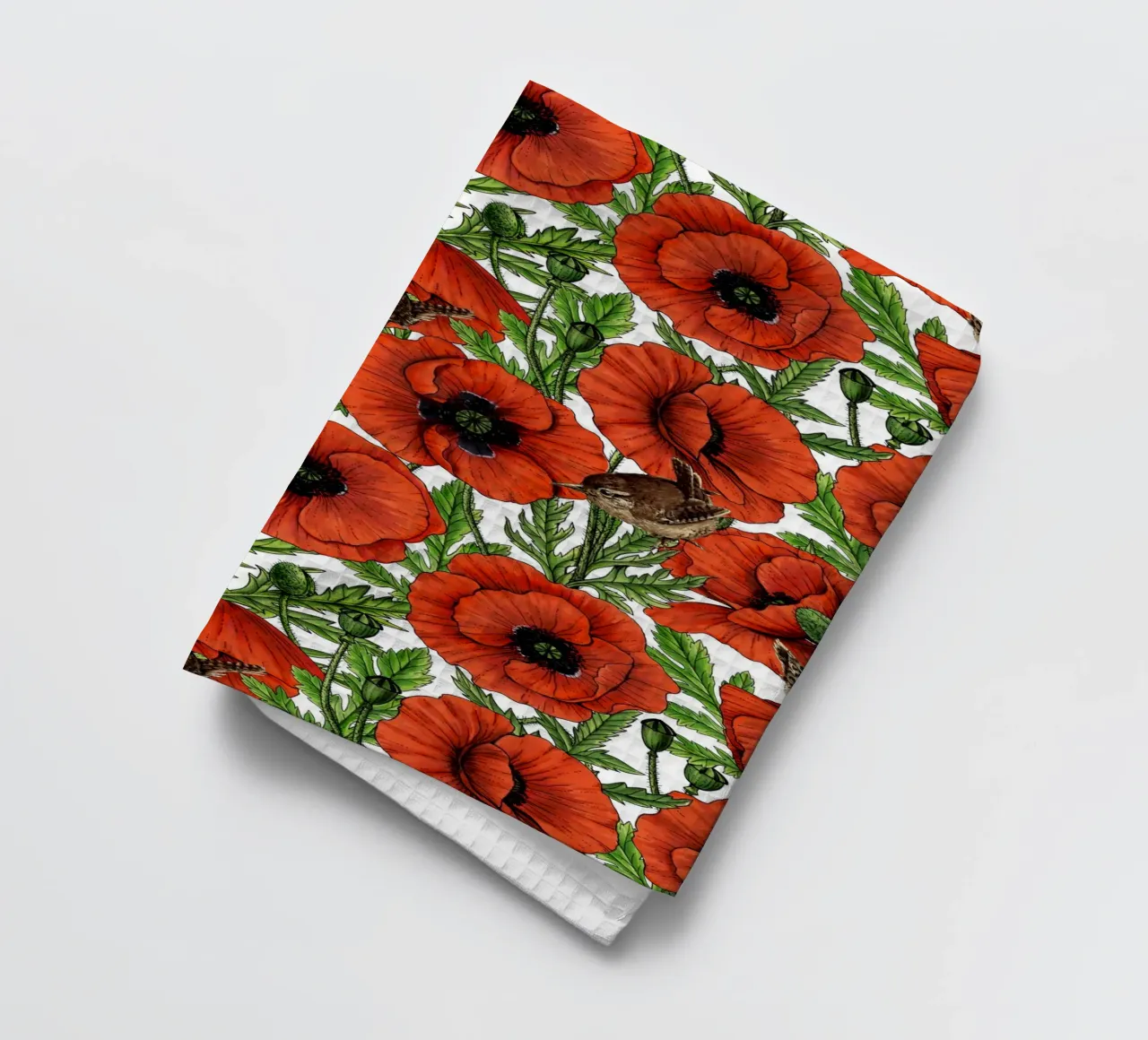 Red poppies and wrens, green leaves on white tea towel by Painted Nature