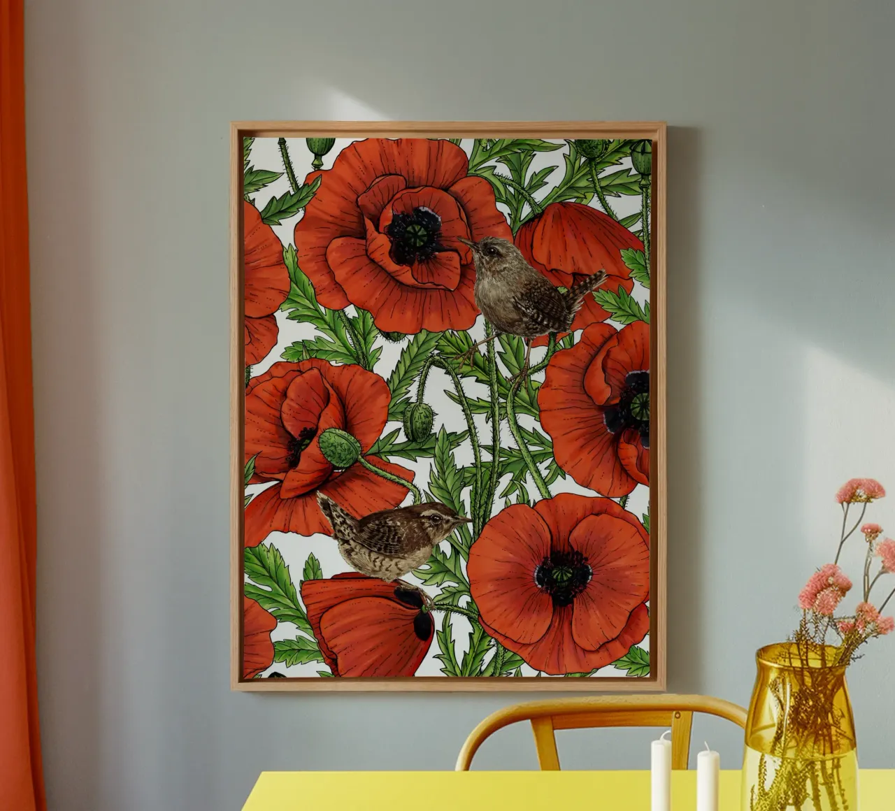 Red poppies and wrens, green leaves on white canvas with Floater frame by Painted Nature