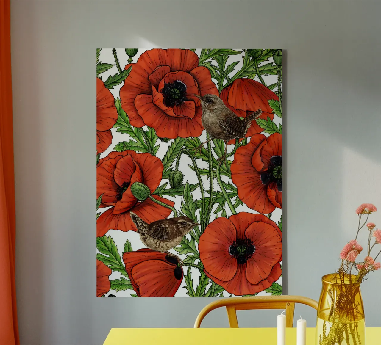 Red poppies and wrens, green leaves on white canvas with Floater frame by Painted Nature