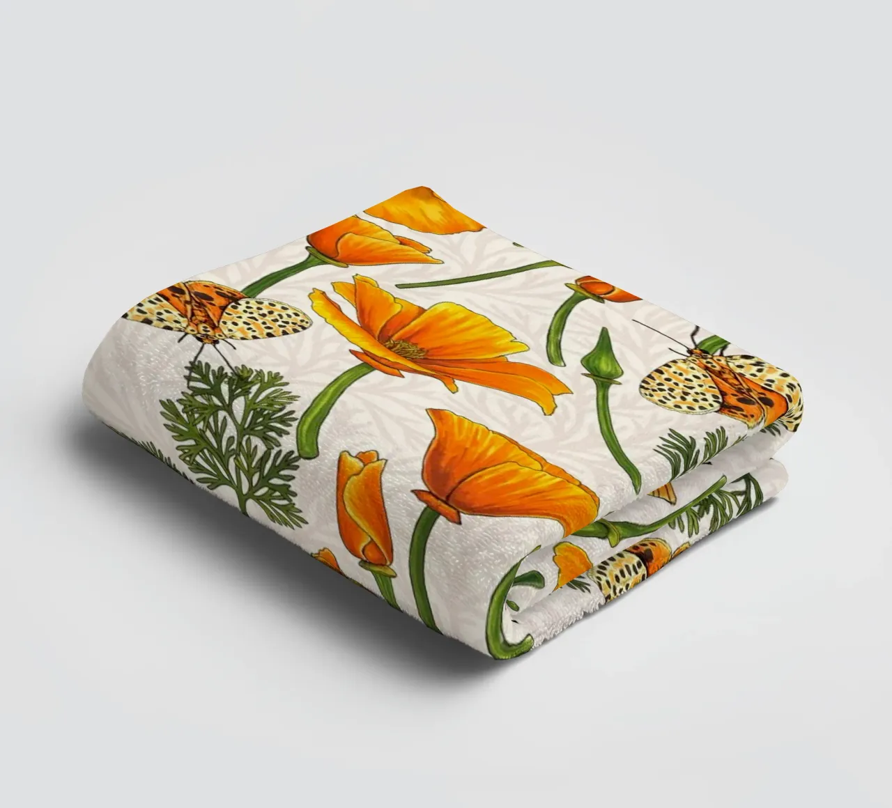 Kalifornische Mohnblumen und Motten auf weißem Untergrund Handtuch von Painted Nature