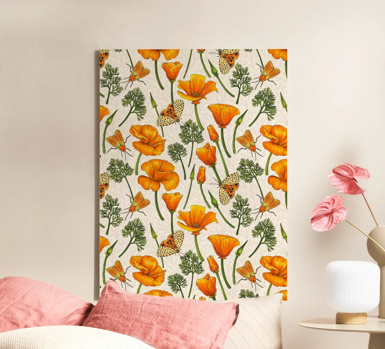 Californische klaprozen en motten op gebroken wit canvas met Baklijst van Painted Nature