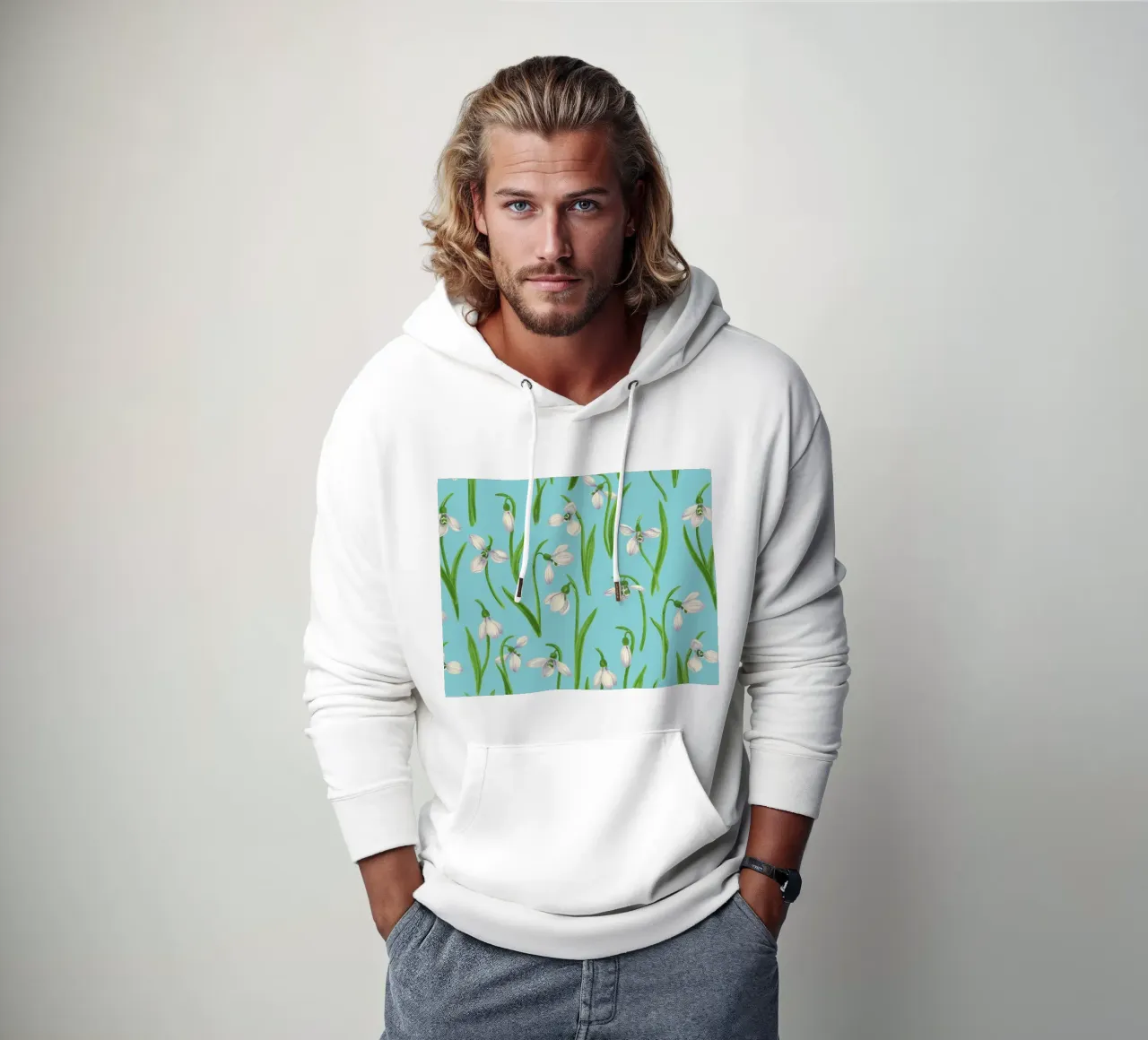 Snowdrops on pool blue hoodie by Painted Nature