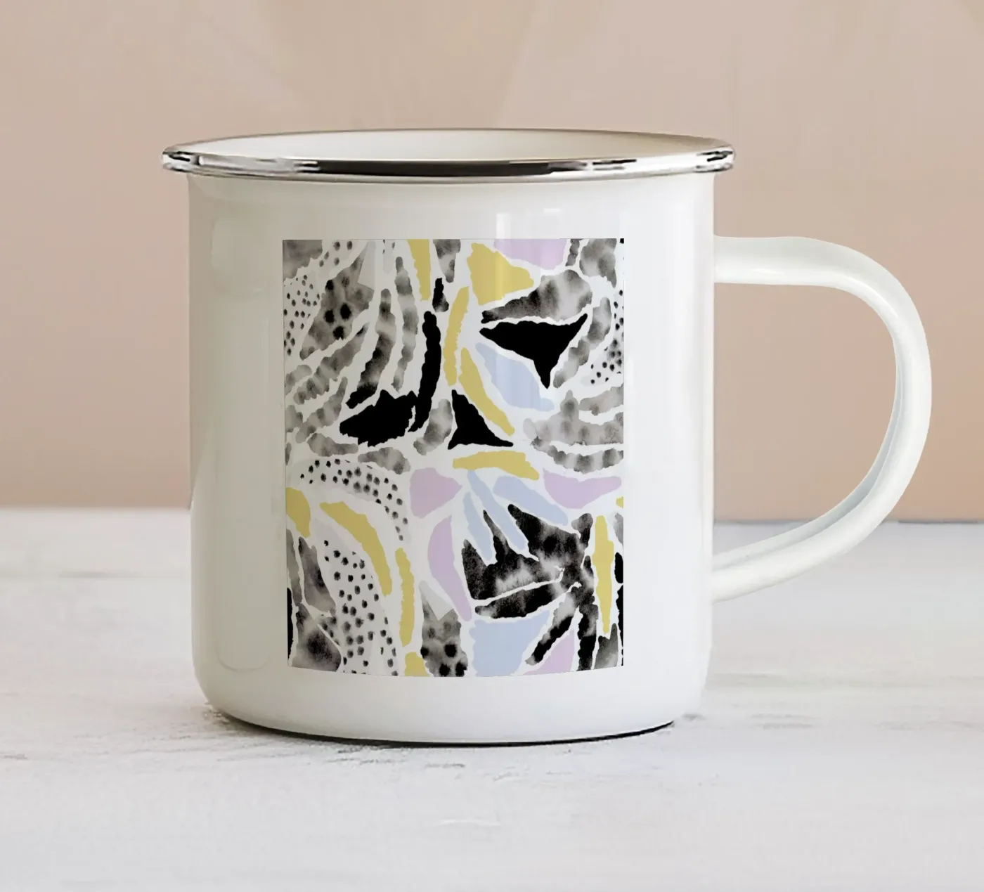 Pattern Pieces enamel mug by Farina Kuklinski