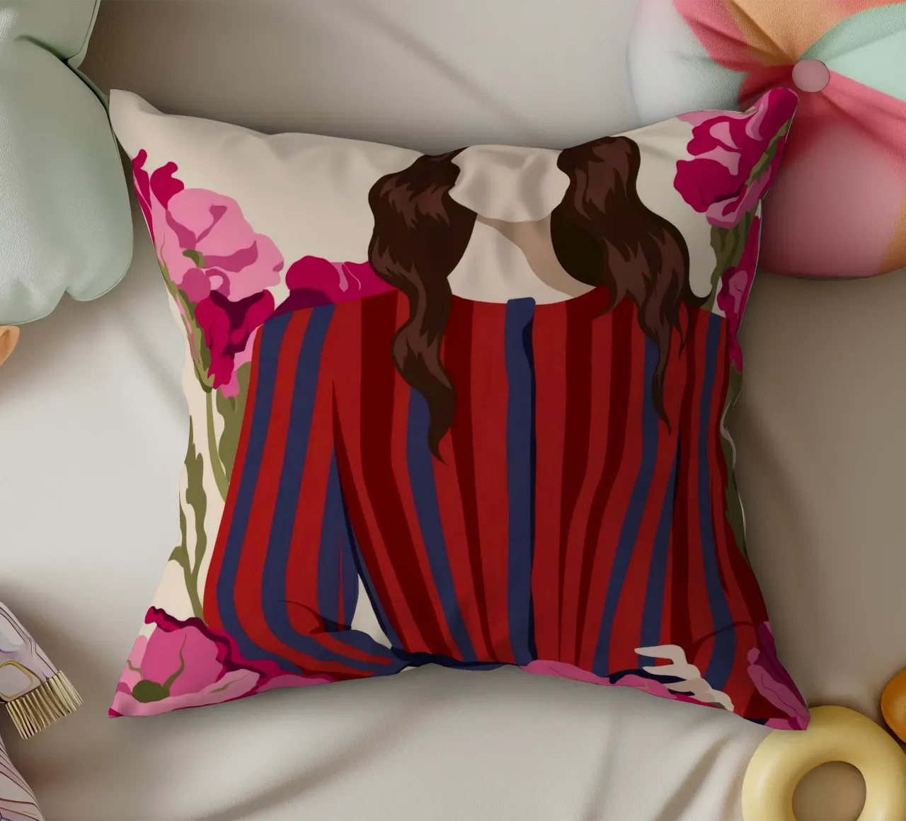 Fiori in abito a righe cuscino da Kamera Obskura