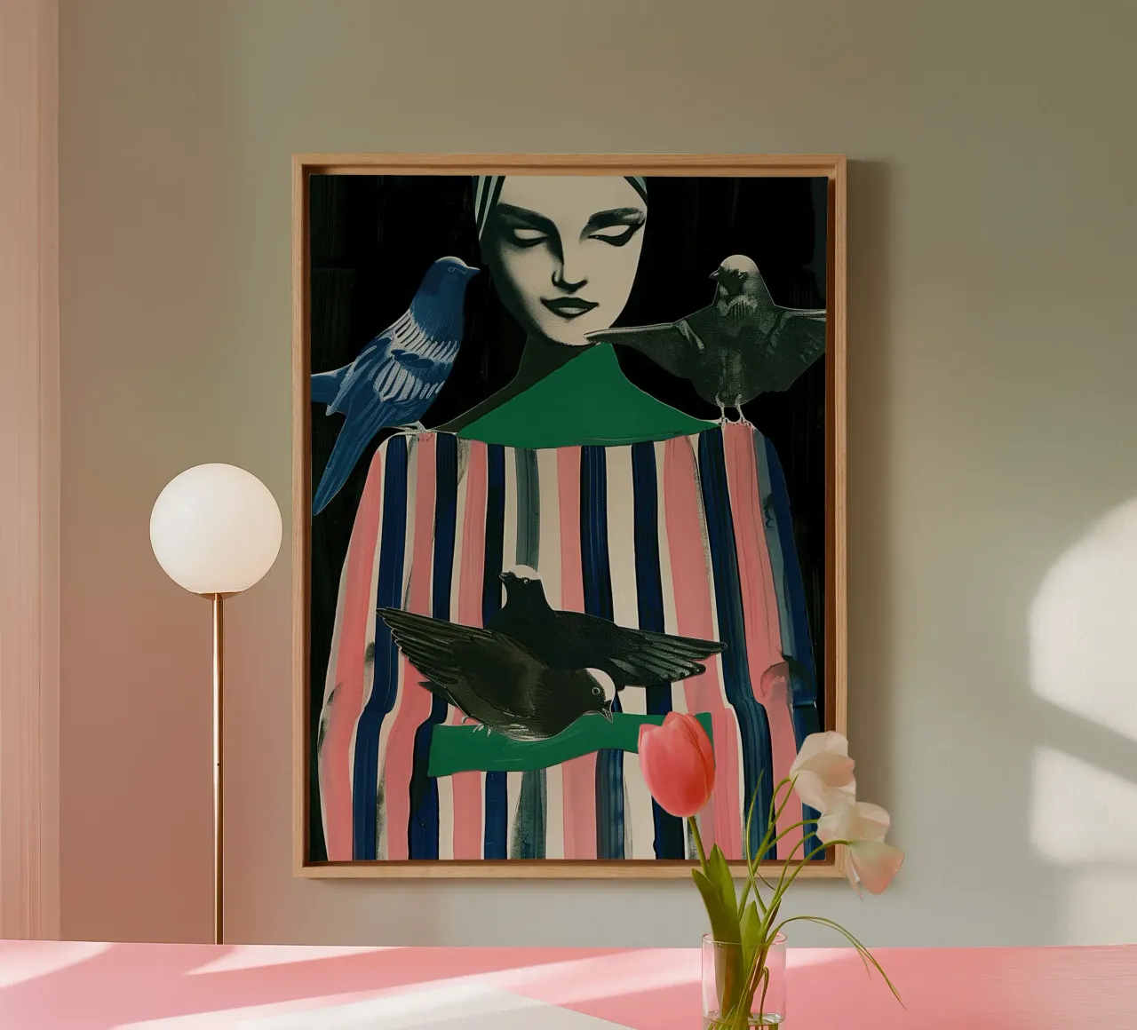 Vrouw en vogels canvas met Baklijst van DaarbyN