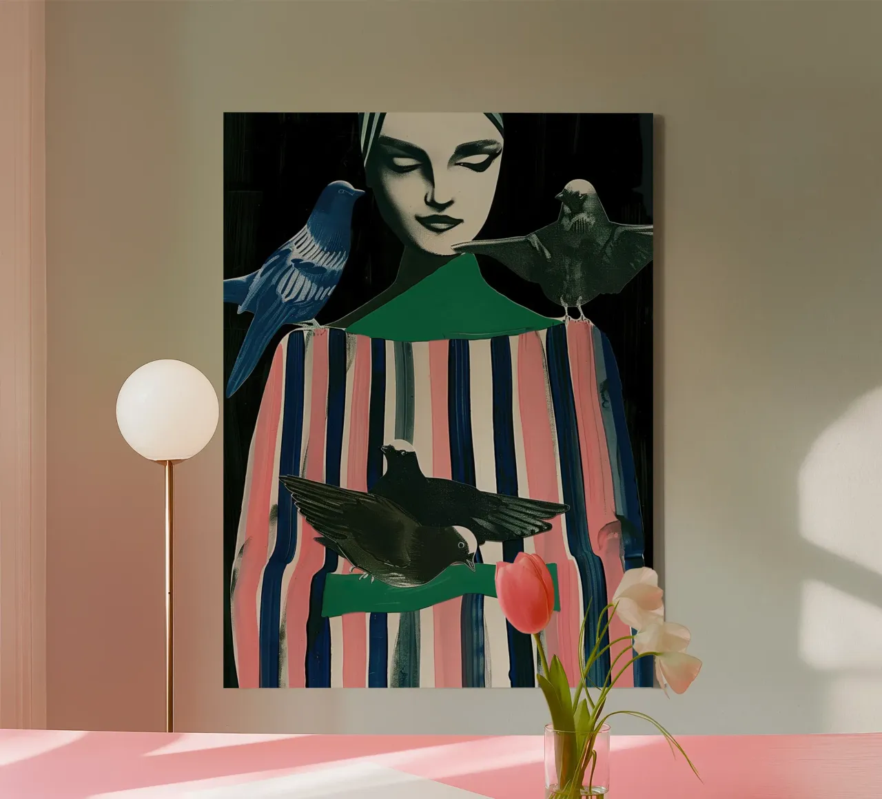 Vrouw en vogels canvas met Baklijst van DaarbyN