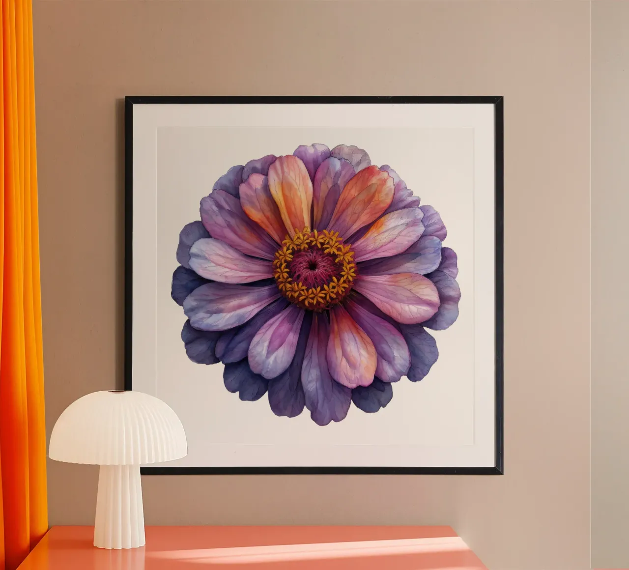 Fiore di zinnia poster con telaio in legno da Bold Blooms