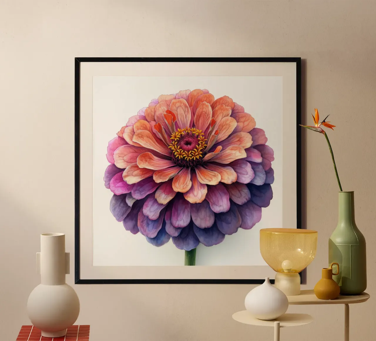 Zinnia Elegans Fiore poster con telaio in plastica da Bold Blooms